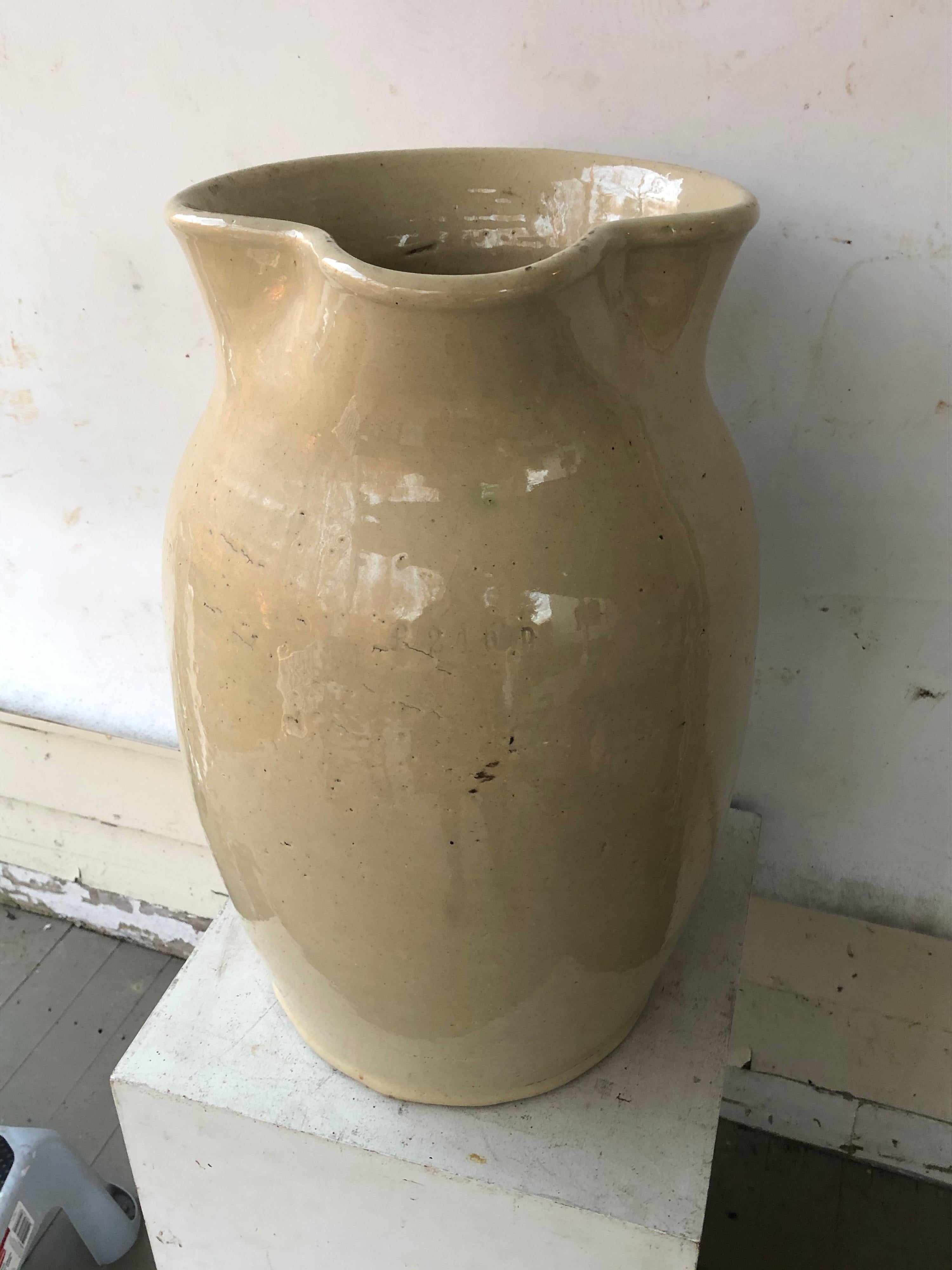 Enormous Cream Glazed English Pottery Pitcher In Good Condition For Sale In Hudson, NY
