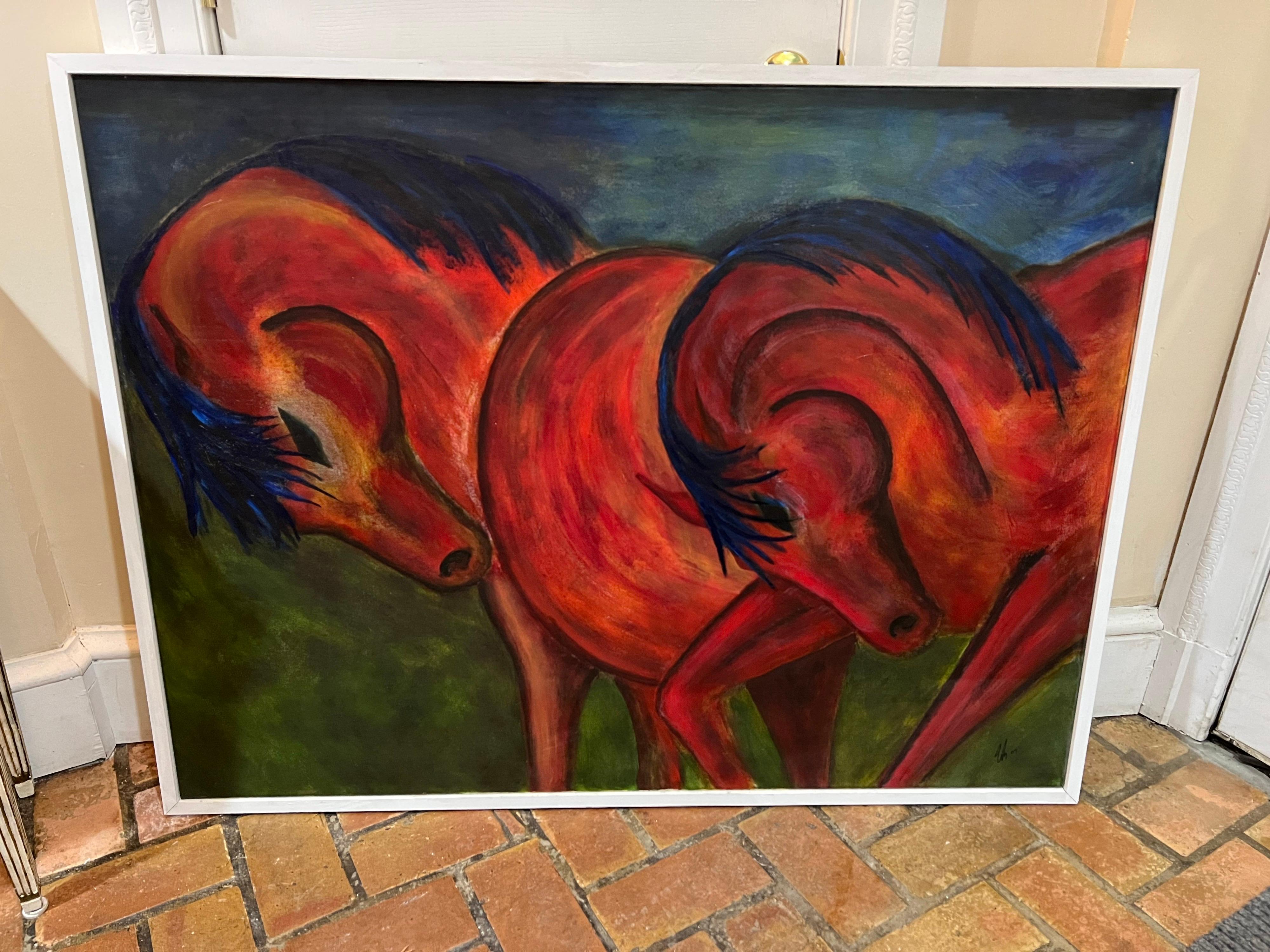 Enorme olio su tela contemporaneo incorniciato raffigurante dei cavalli In condizioni ottime in vendita a Redding, CT