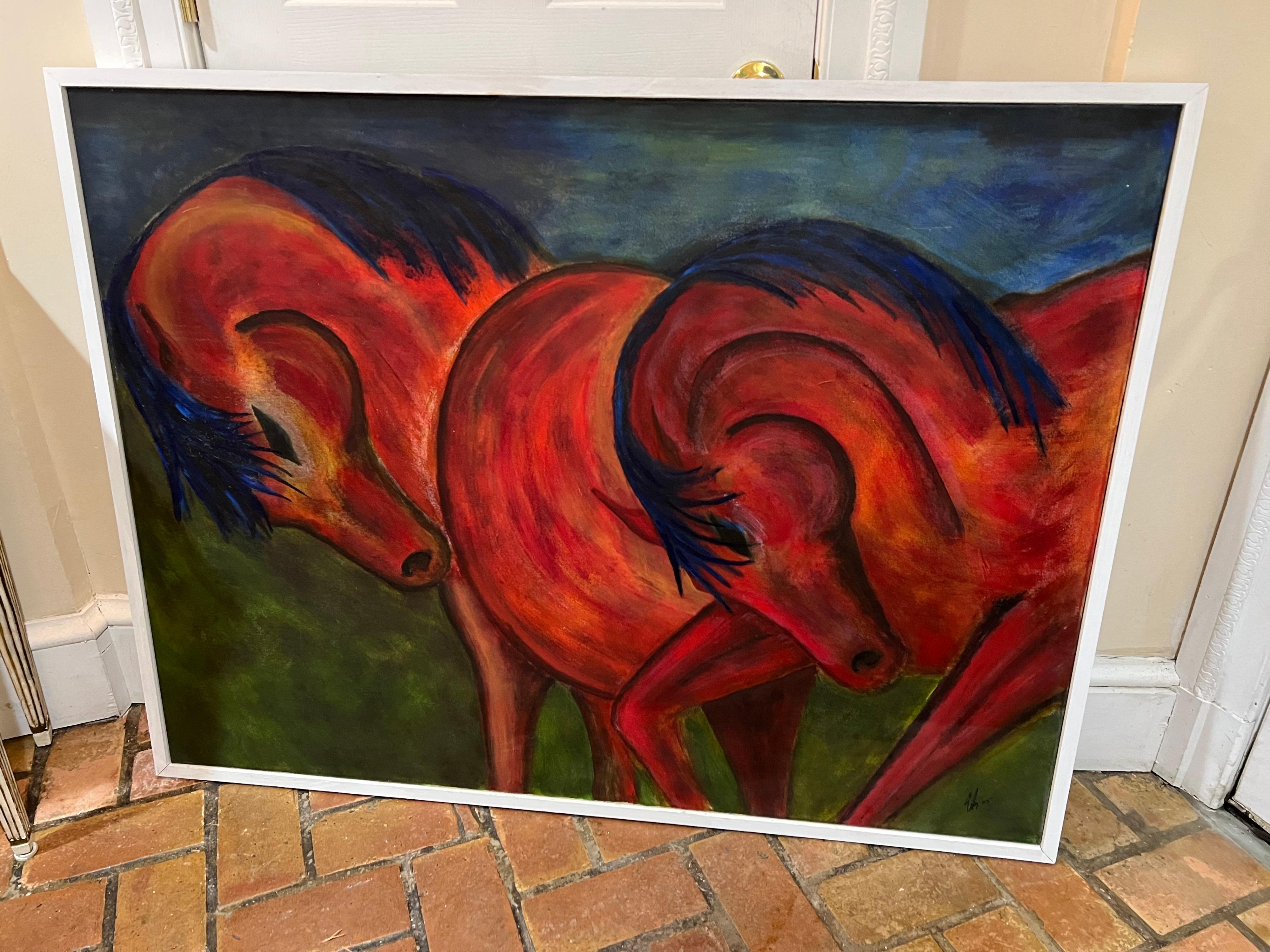 Tela Enorme olio su tela contemporaneo incorniciato raffigurante dei cavalli in vendita
