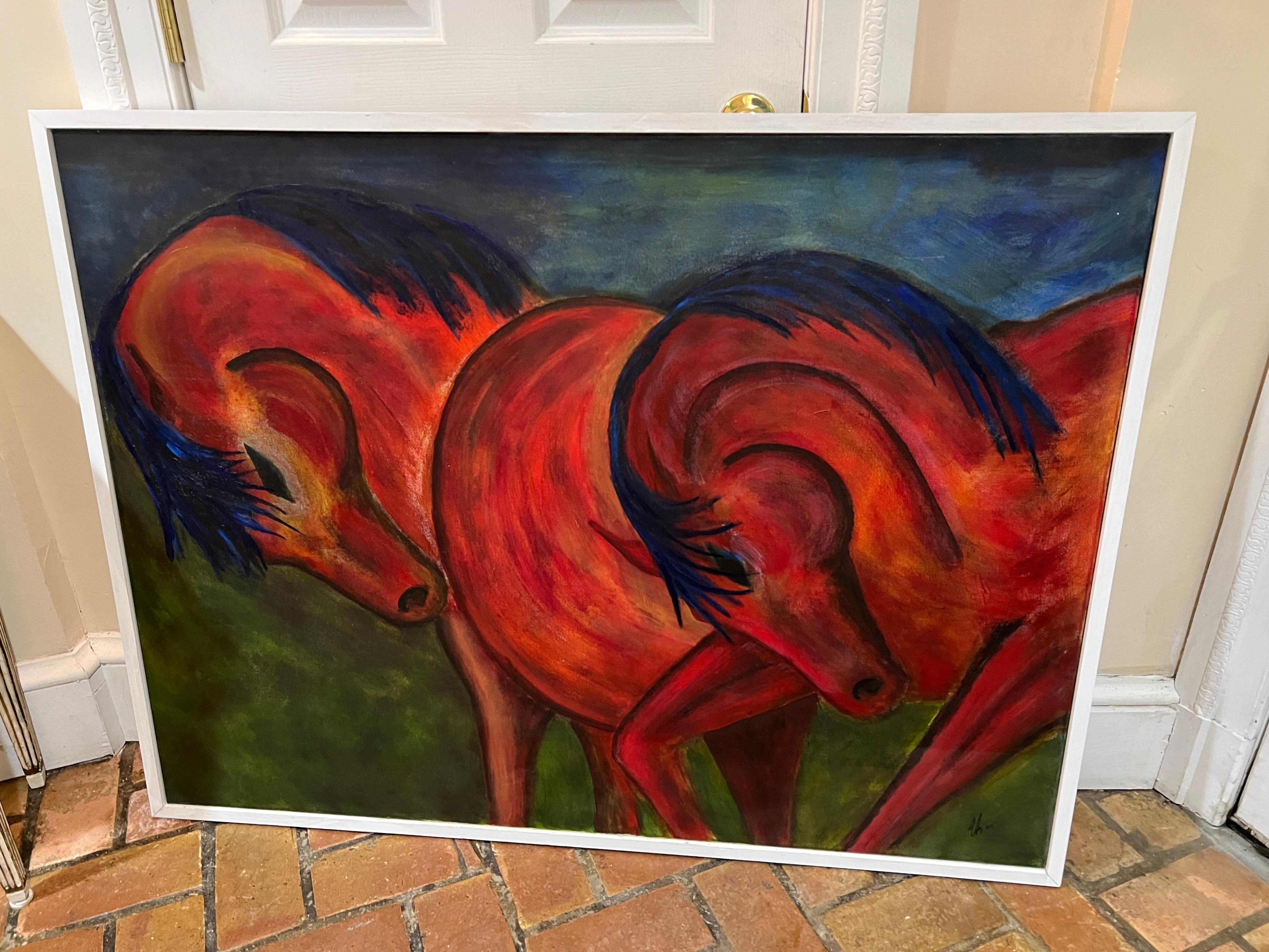 Énorme huile sur toile contemporaine encadrée représentant des chevaux en vente 1