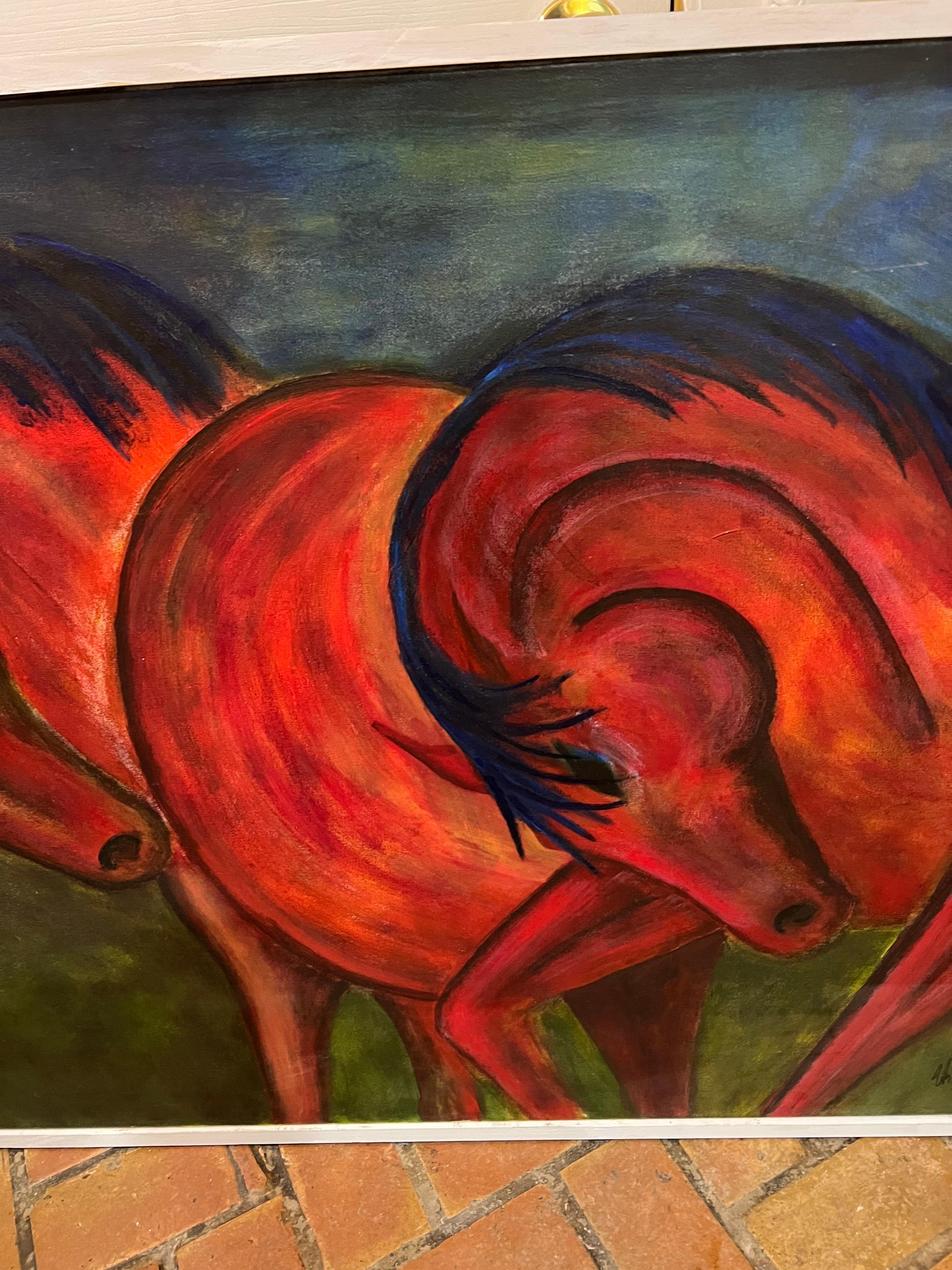 Énorme huile sur toile contemporaine encadrée représentant des chevaux en vente 3
