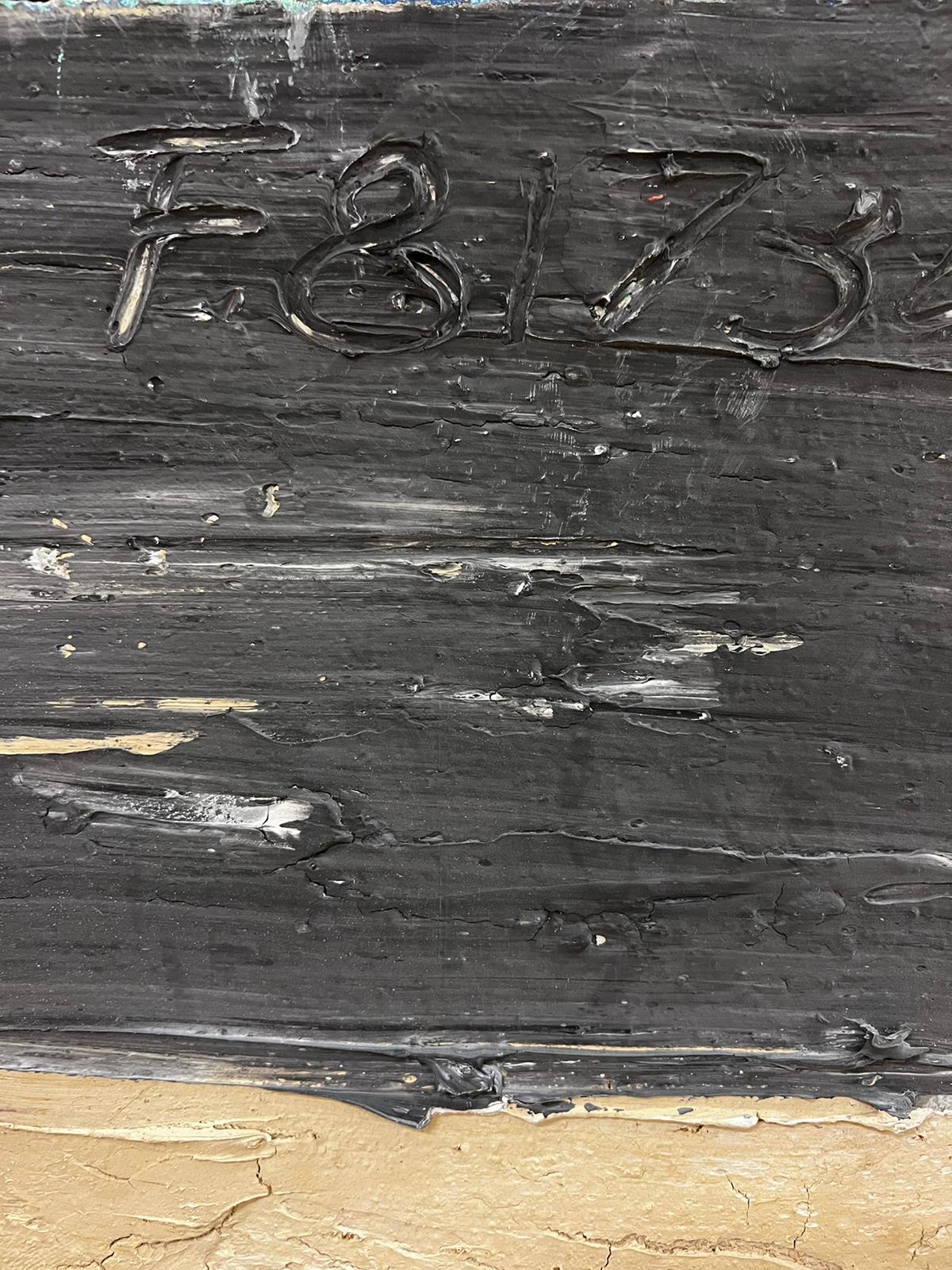 Artist: French School, dated 1992 verso, inscribed into the paint to the front. 

Title: Black, Yellow, Grey, Taupe abstract, painted with very thick impasto paint creating a wonderfully rich and diverse texture. 

Medium: oil on canvas, unframed.