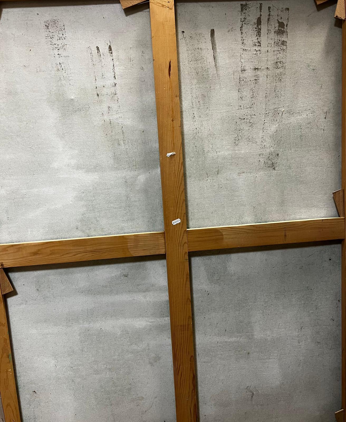 Artiste : École française, daté 1992 au verso, inscription dans la peinture au recto. 

Titre : Abstrait noir, jaune, gris, taupe, peint avec une peinture impasto très épaisse créant une texture merveilleusement riche et diverse. 

Médium : huile
