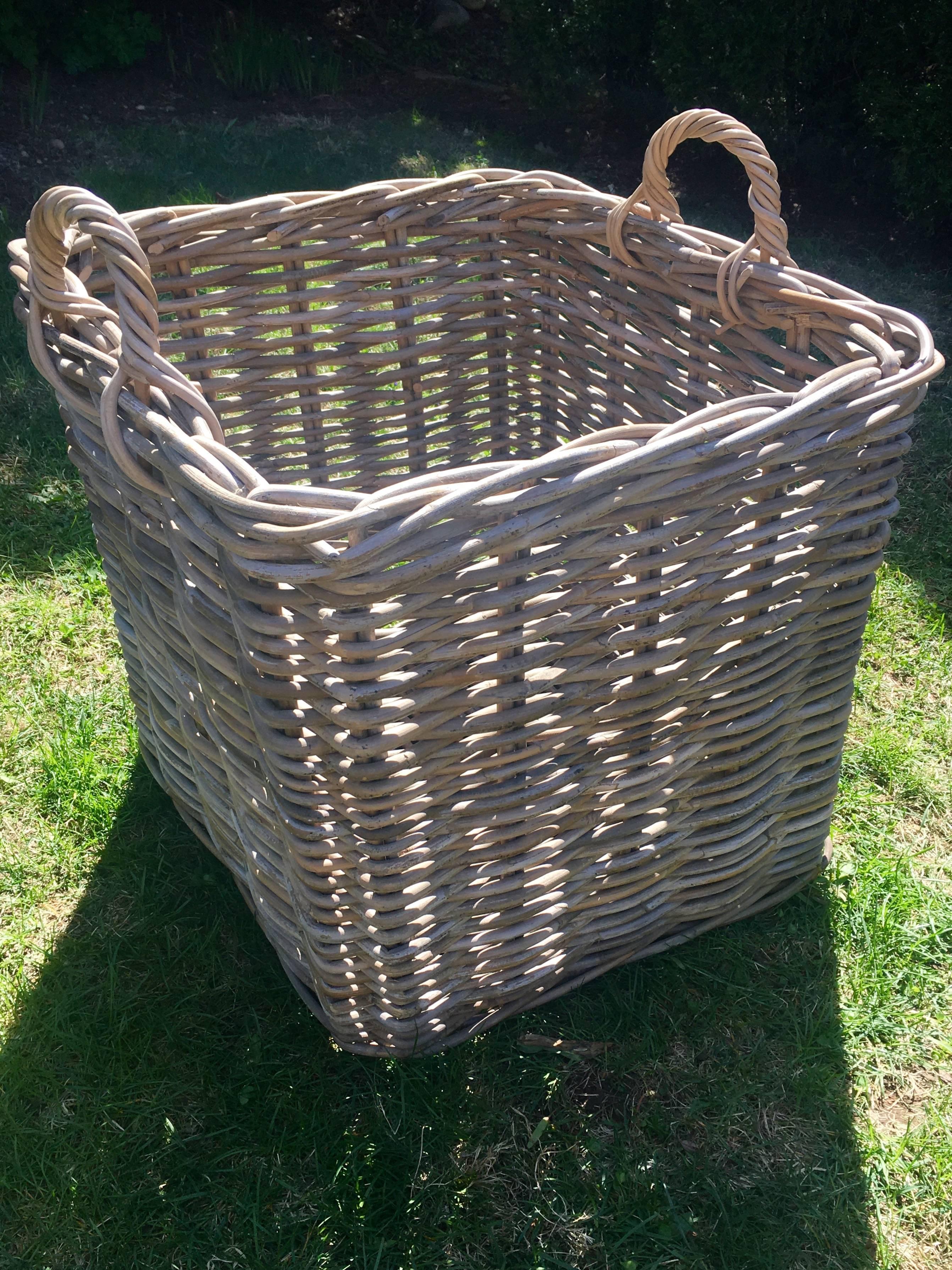 Rustic Enormous French Square Wicker Basket with Handles