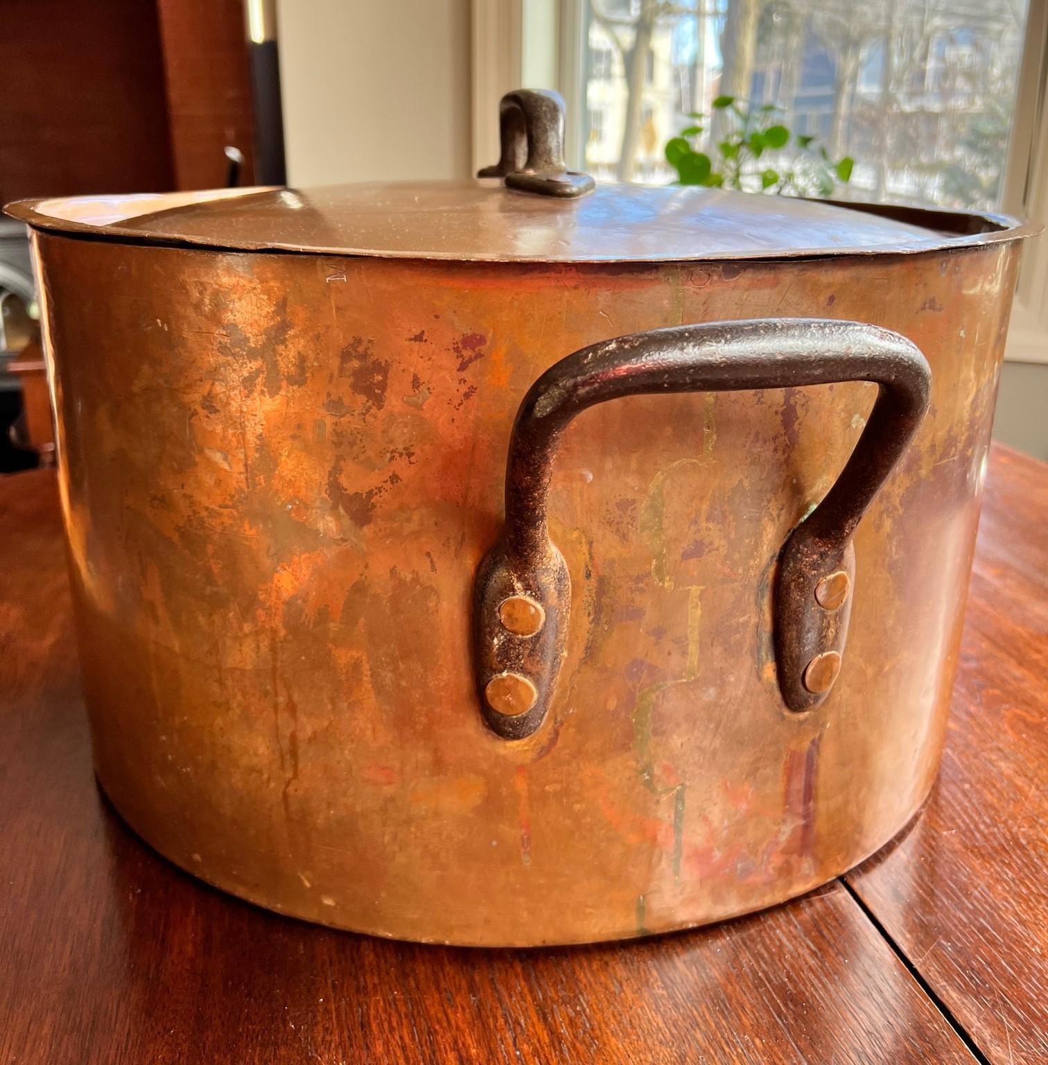 Forged Enormous Hand Crafted Antique Copper Stock Pot with Lid, Duparquet, New York