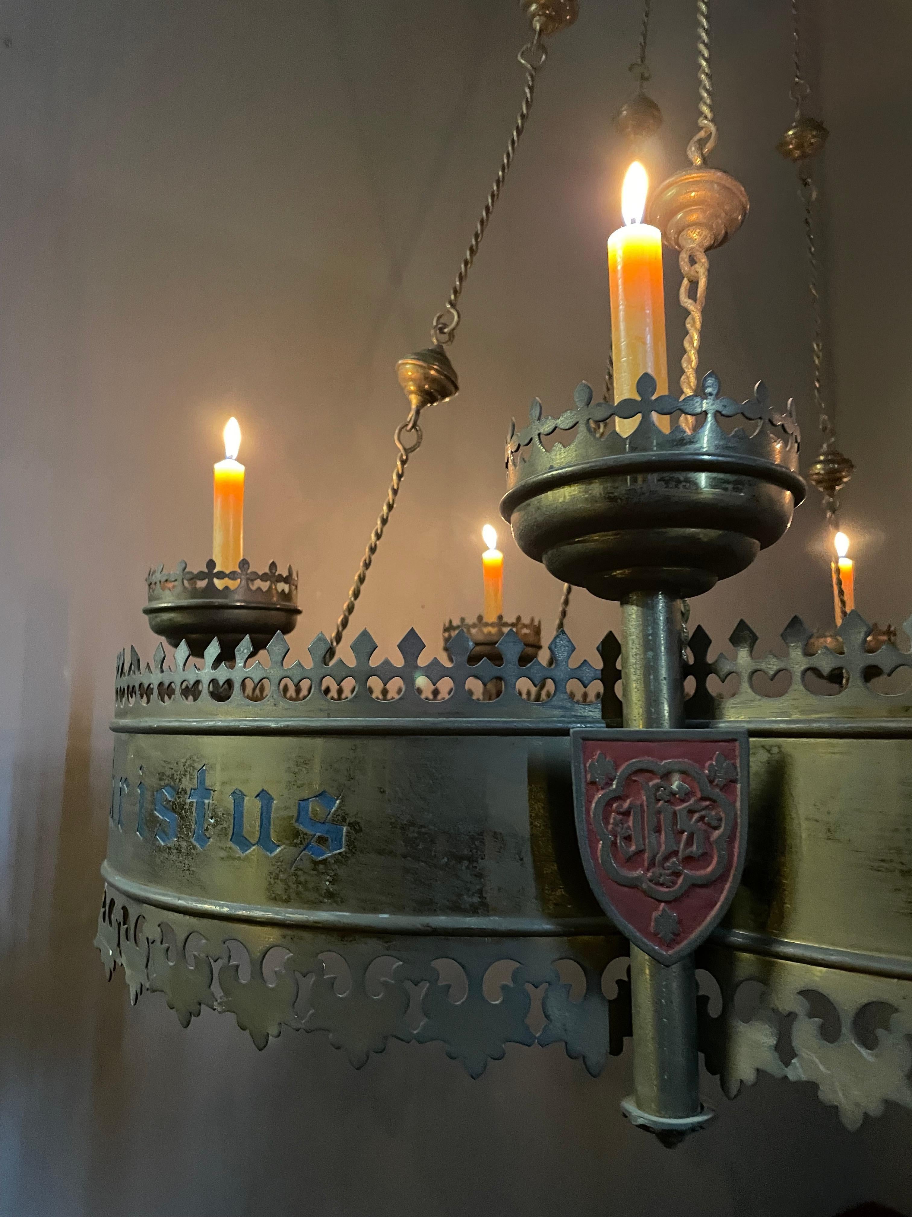 Enormous Hand-Crafted Antique Gothic Revival Bronze & Brass, 6 Candle Chandelier 11