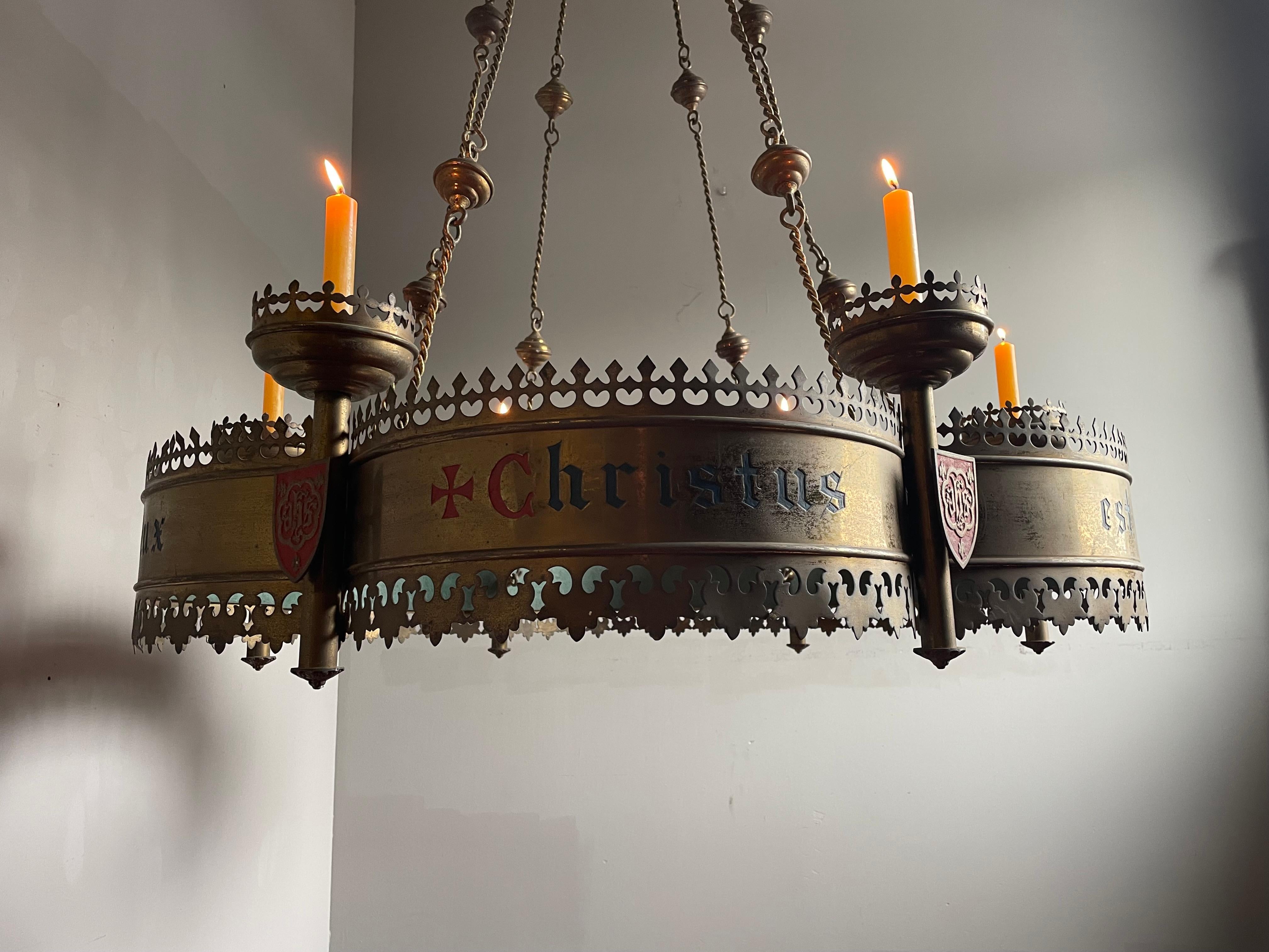 Enormous Hand-Crafted Antique Gothic Revival Bronze & Brass, 6 Candle Chandelier 14