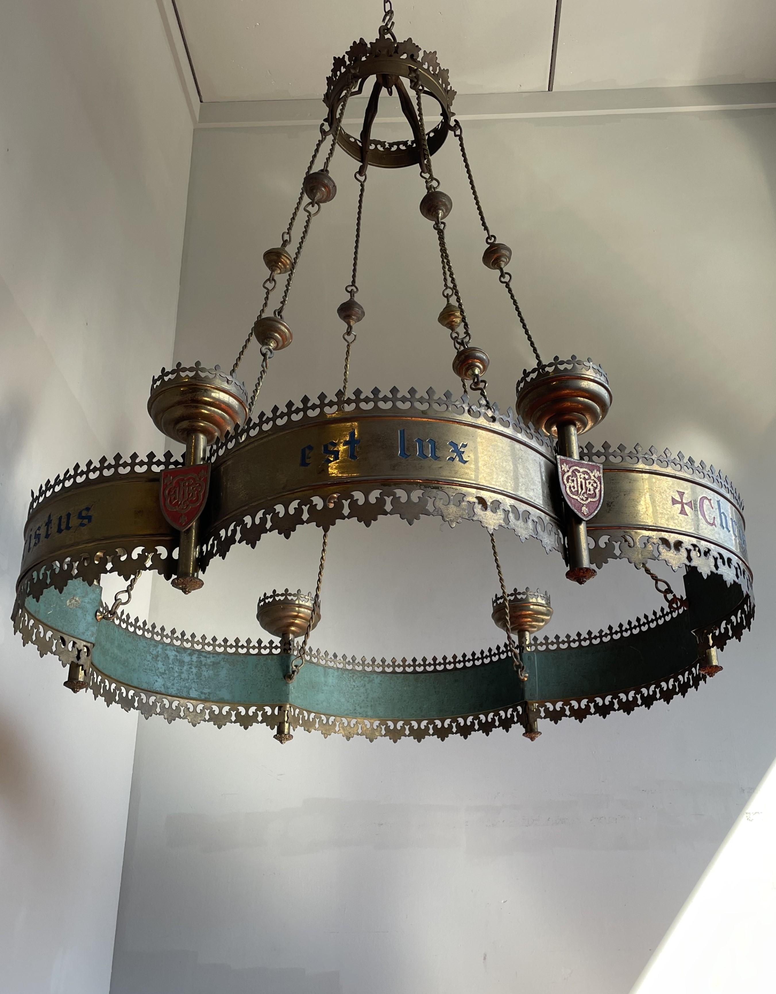 European Enormous Hand-Crafted Antique Gothic Revival Bronze & Brass, 6 Candle Chandelier