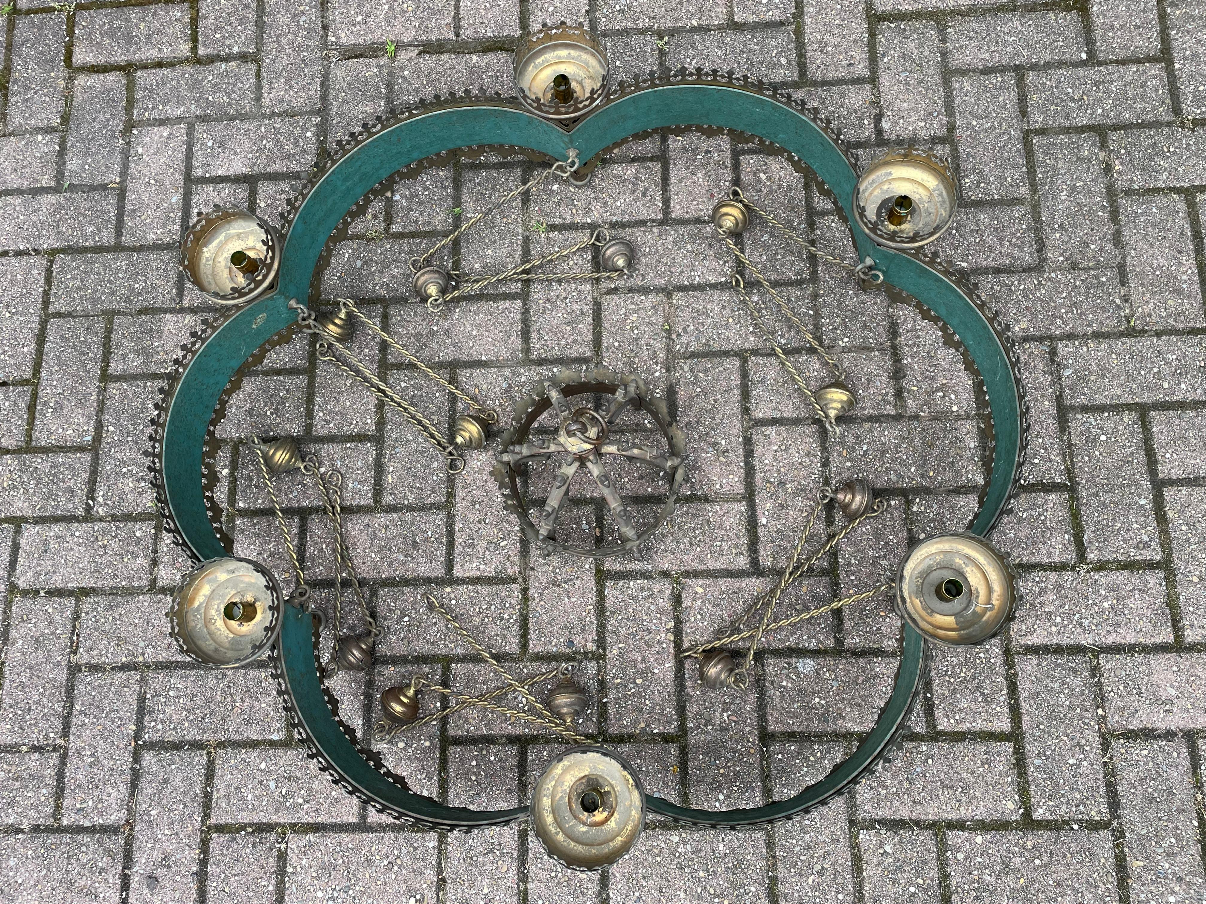 Enormous Hand-Crafted Antique Gothic Revival Bronze & Brass, 6 Candle Chandelier In Good Condition In Lisse, NL