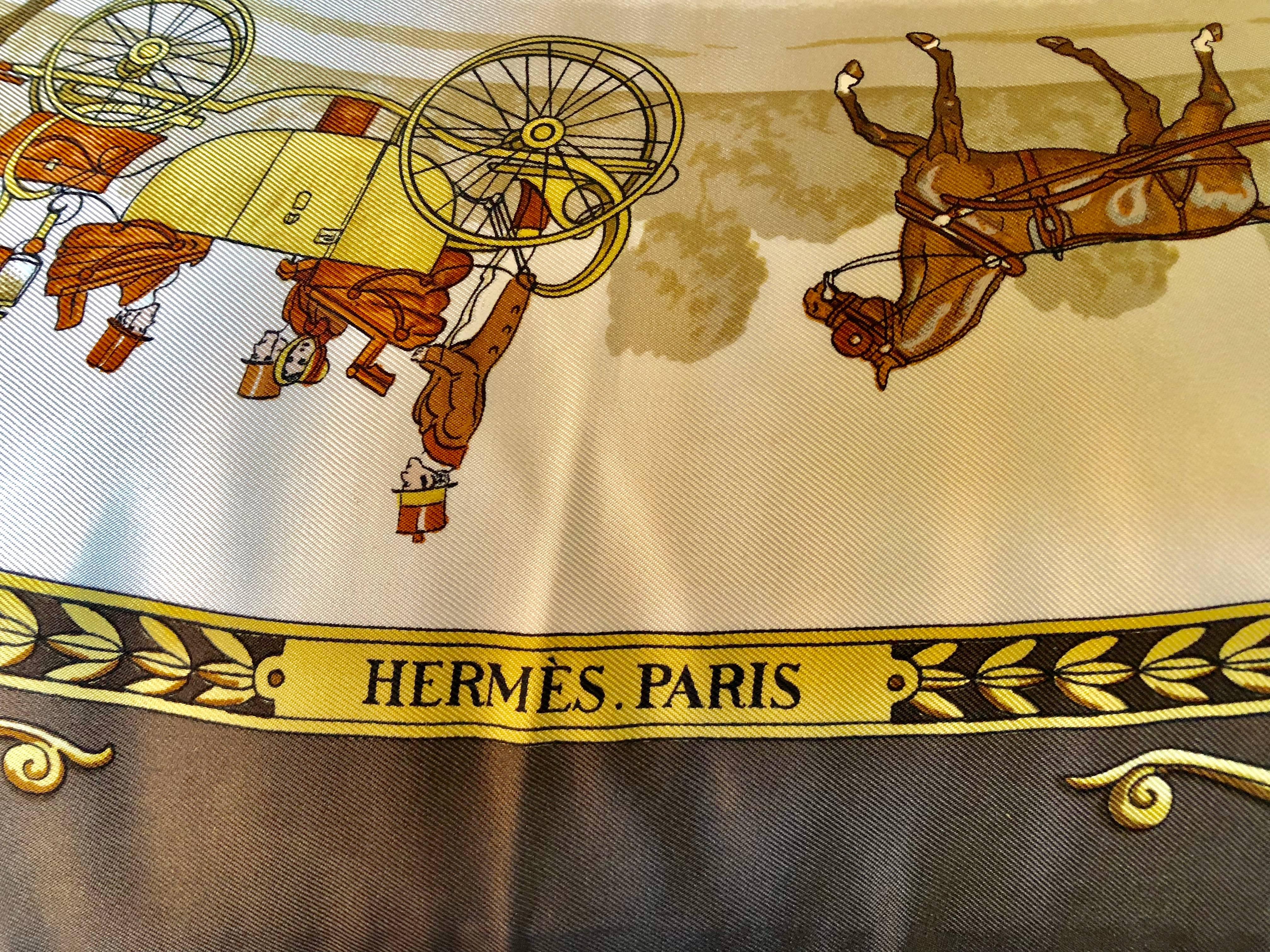 Enormous Hermes 'La Promenade De Longchamps' overstuffed silk pillow. One out of a large collection of vintage throw or show pillows with the original Hermes tag in fine condition. These pillows will certainly make a show or add conversation as