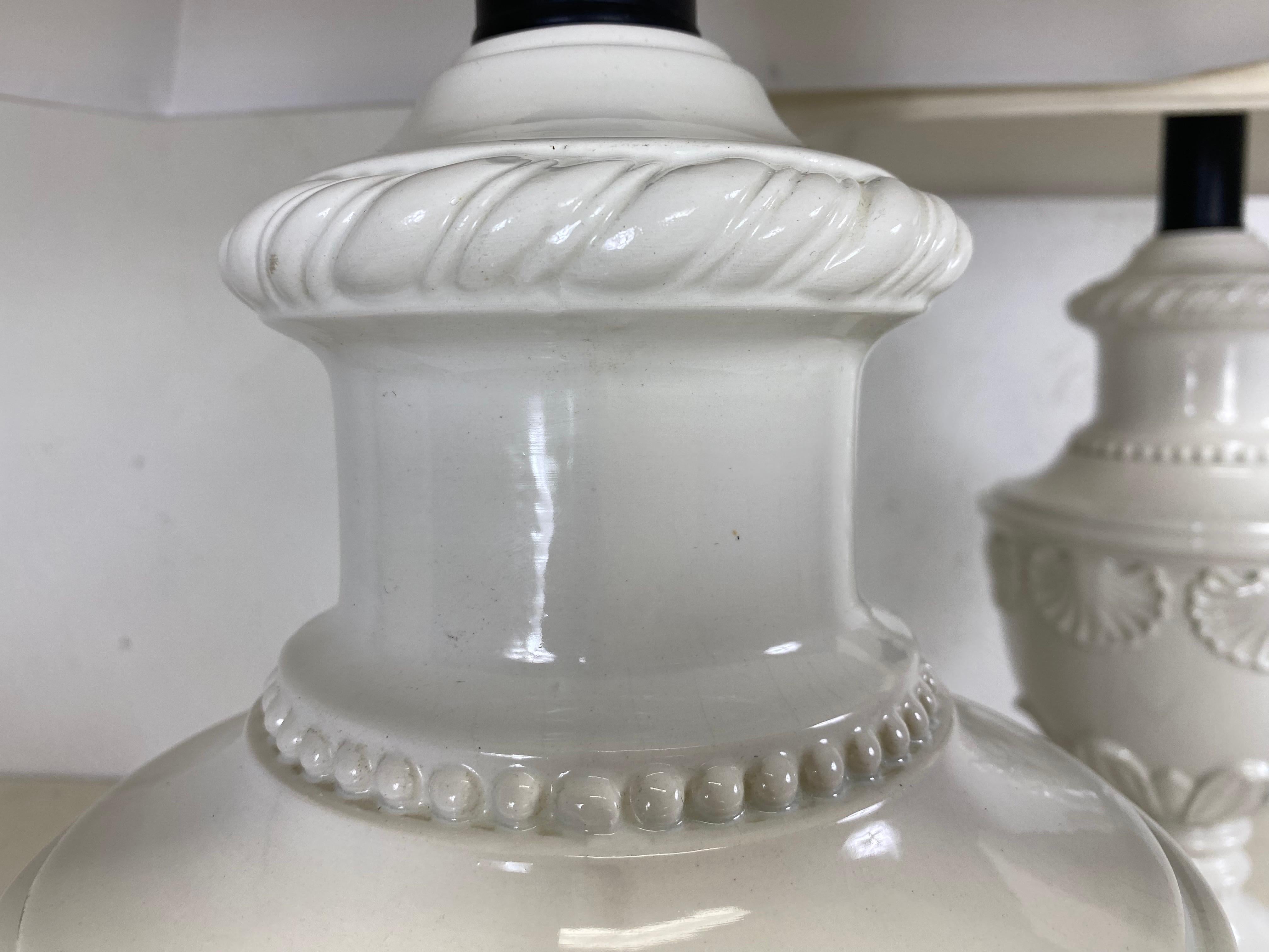 Enormous Italian Blanc De Chin pottery table lamps/a pair In Good Condition For Sale In Allentown, PA