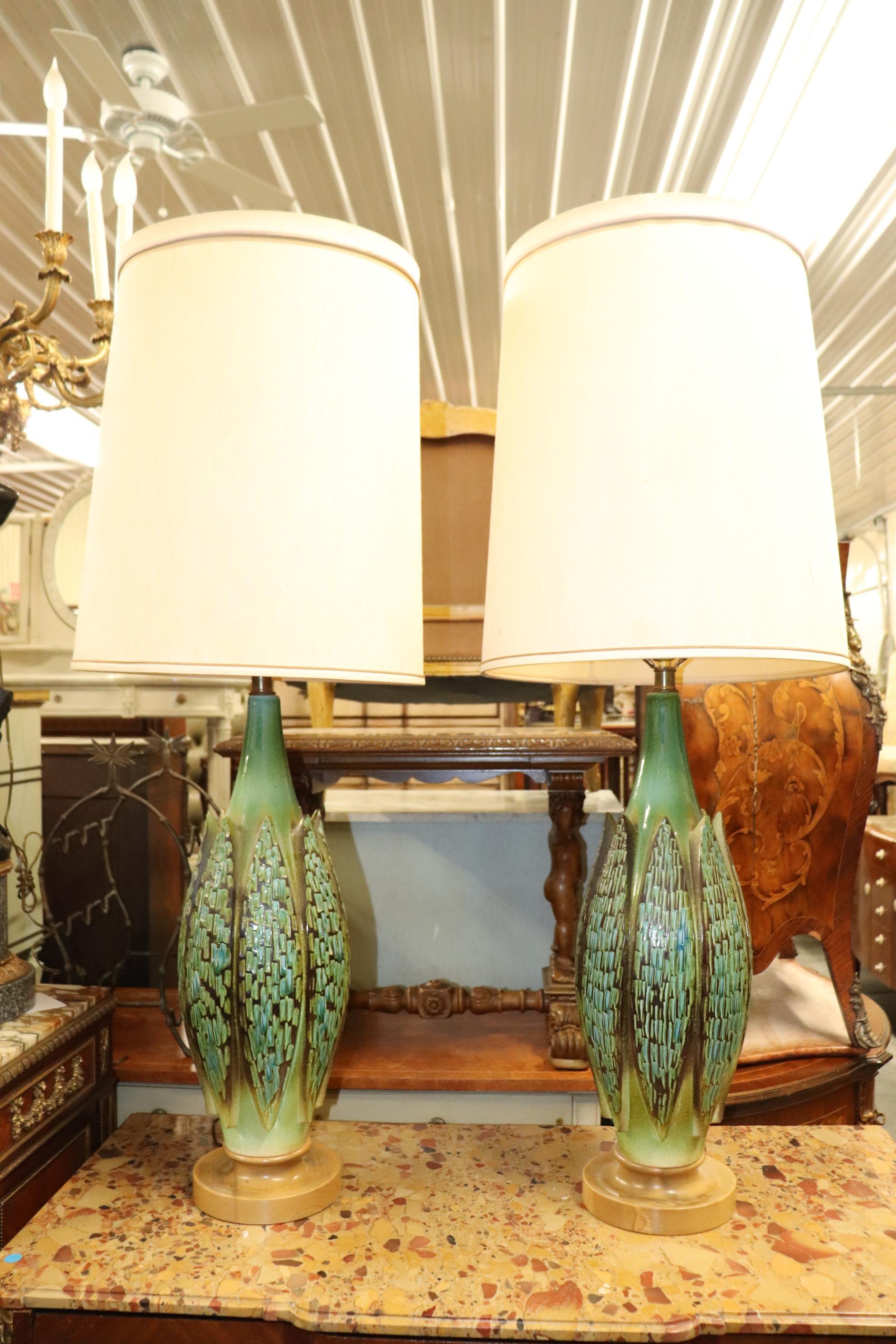 Enormous Mid-Century Modern Danish Modern Table Lamps Teak Bases Linen Shades 4