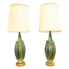 Enormous Mid-Century Modern Danish Modern Table Lamps Teak Bases Linen Shades