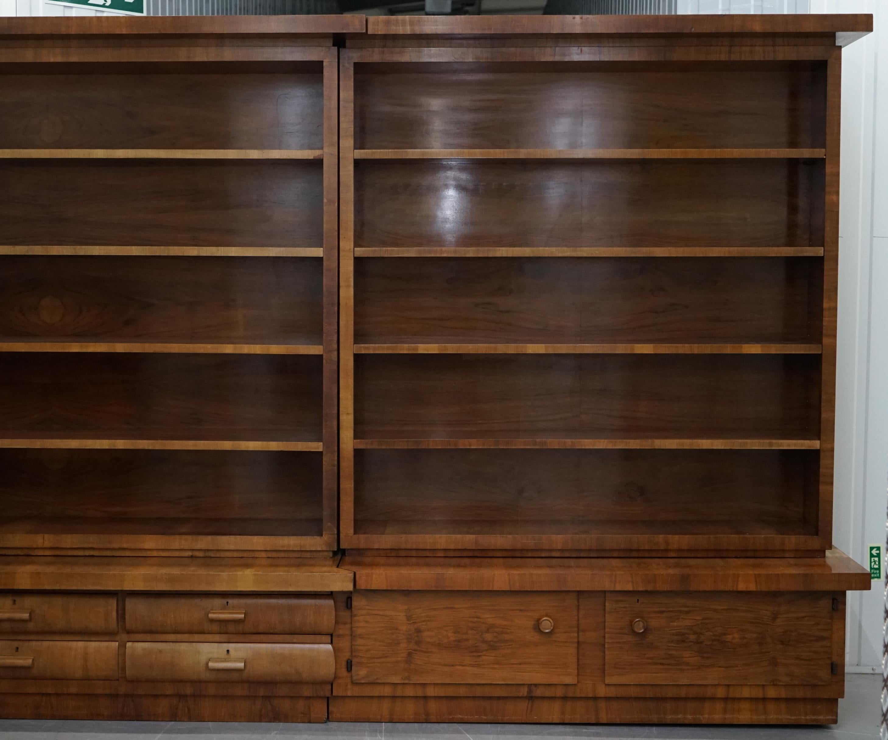 English Enormous Mid-Century Modern Walnut Bookcase with Drawers and Cupboards
