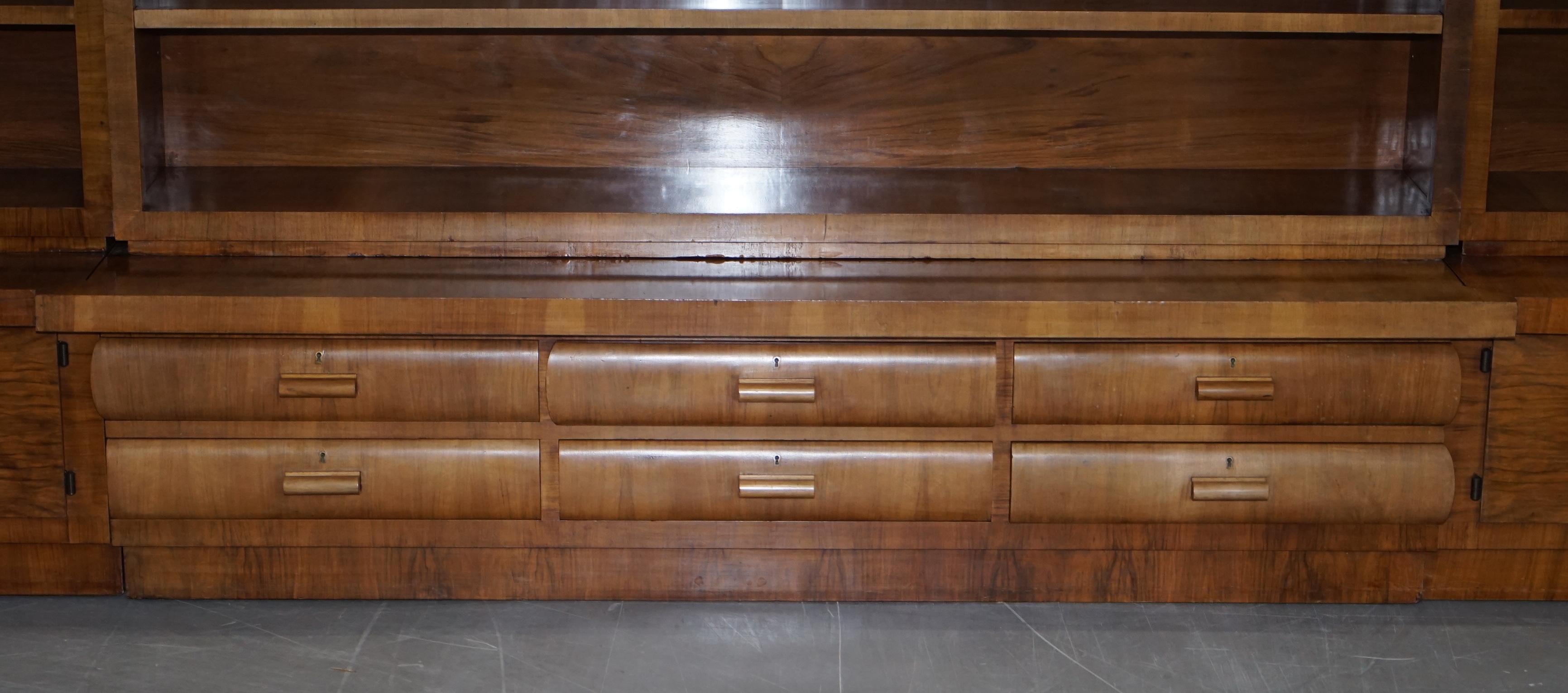 Hand-Carved Enormous Mid-Century Modern Walnut Bookcase with Drawers and Cupboards