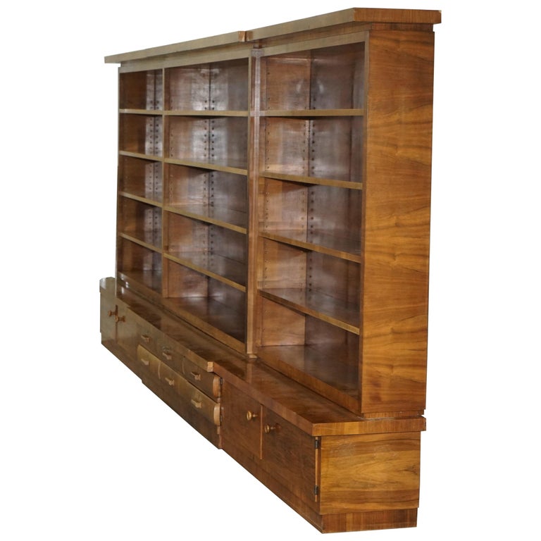 Enormous Mid Century Modern Walnut Bookcase With Drawers And
