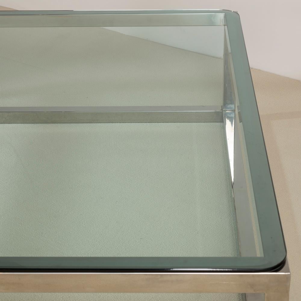 Minimalist Enormous Nickel Framed Coffee Table with Glass Top, 1970s