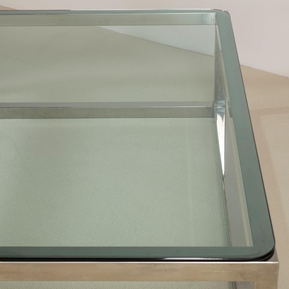 Minimalist Enormous Nickel Framed Coffee Table with Glass Top, 1970s For Sale