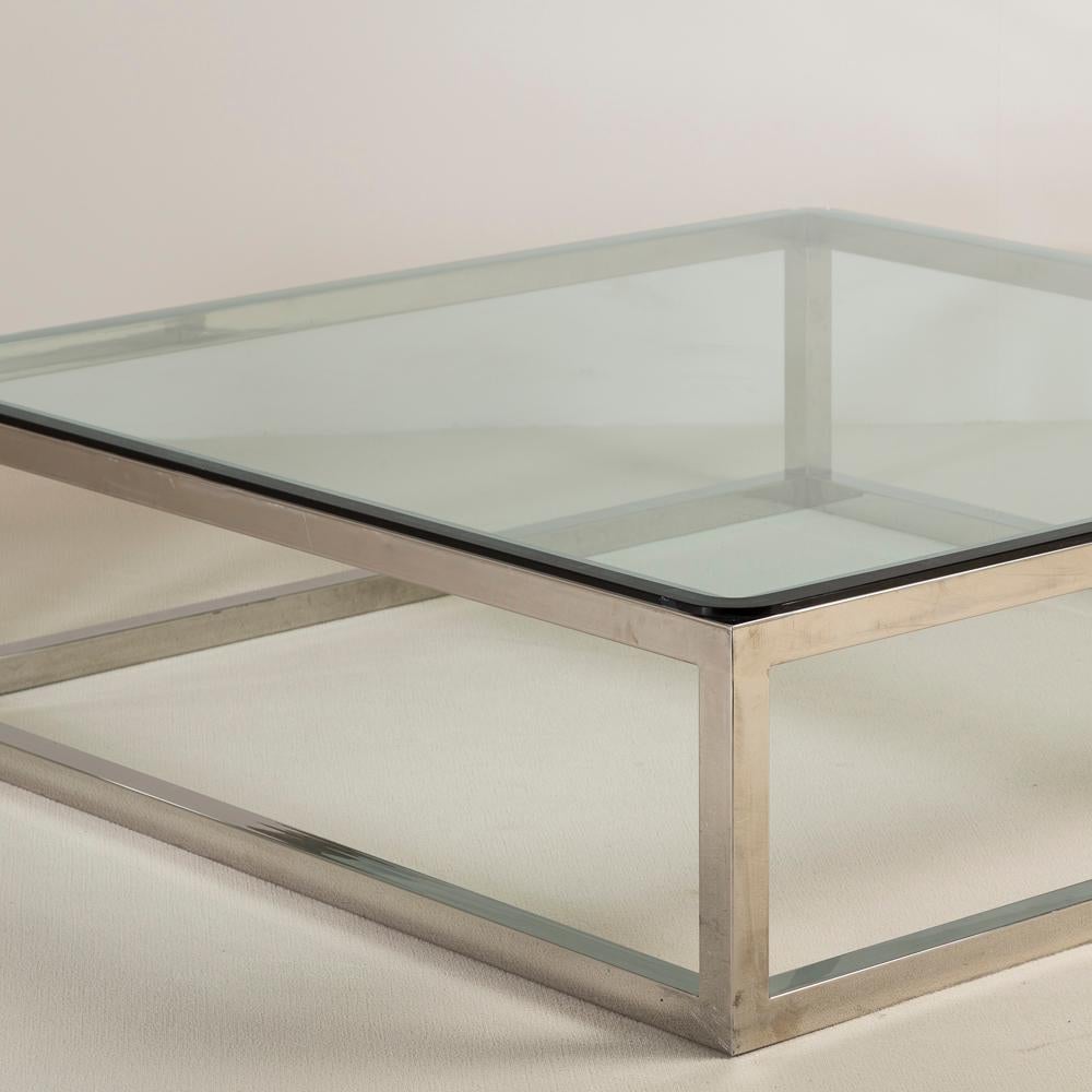 American Enormous Nickel Framed Coffee Table with Glass Top, 1970s