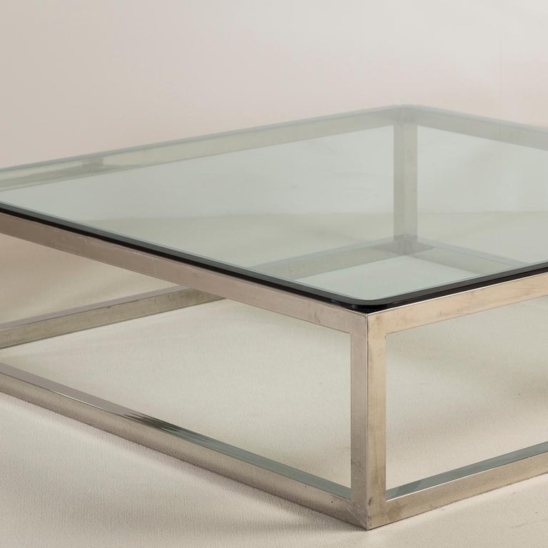 American Enormous Nickel Framed Coffee Table with Glass Top, 1970s For Sale