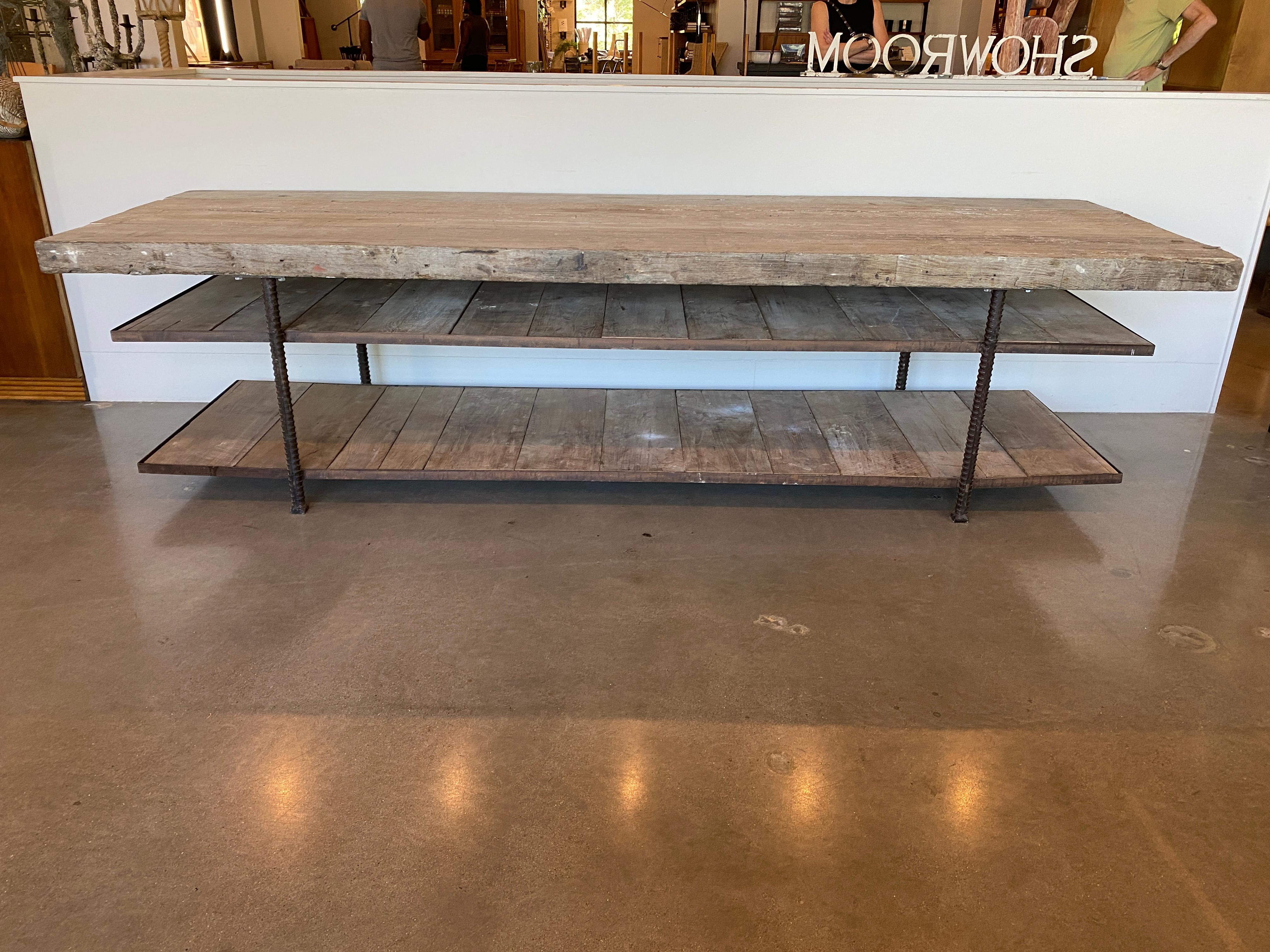 Industrial Enormous Oak and Steel Work, Console, or Display Table, Burgundy, France