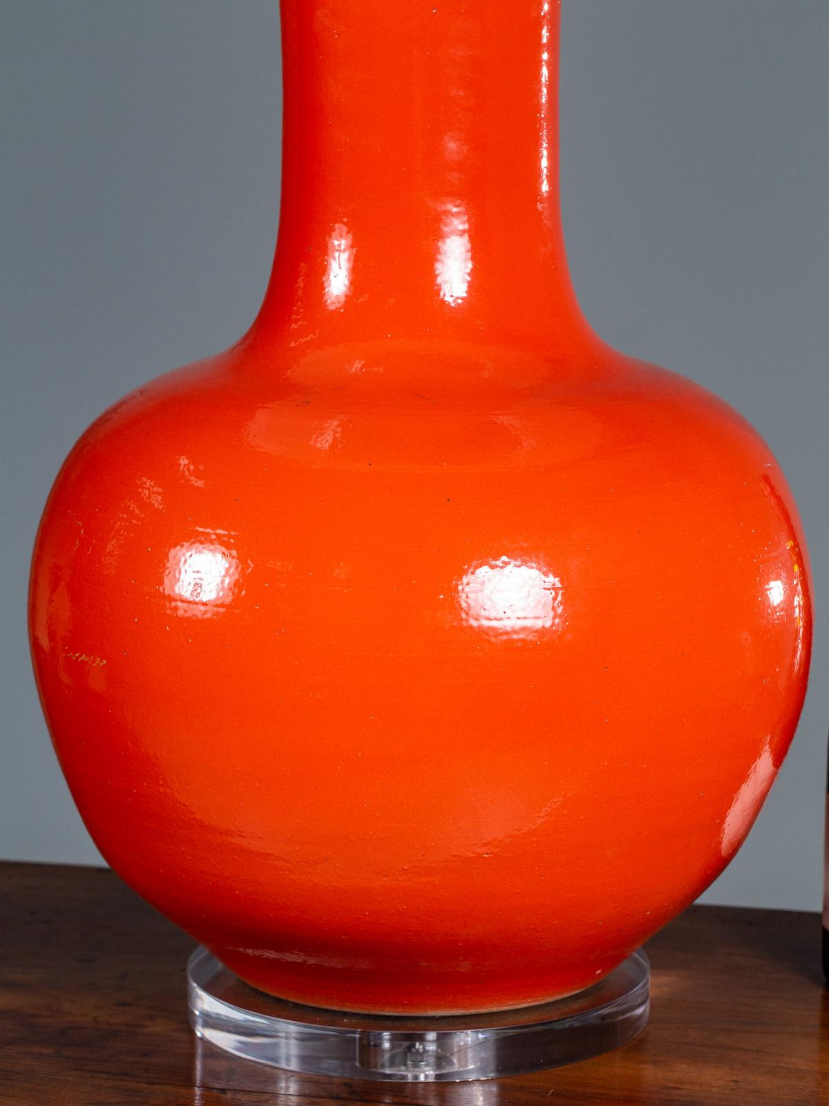 Mid-Century Modern Enormous Persimmon Handmade Temple Jar Vase Custom Lamp Lucite Base