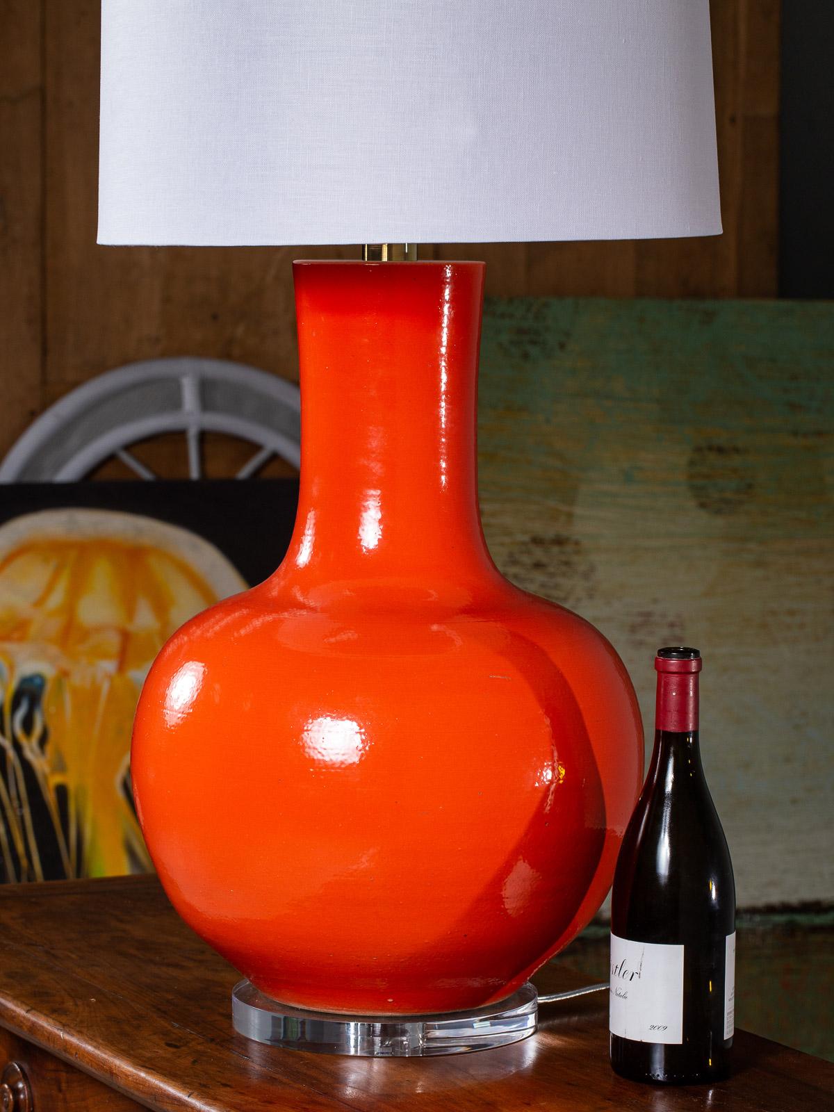 Enormous Persimmon Handmade Temple Jar Vase Custom Lamp Lucite Base In Excellent Condition In Houston, TX