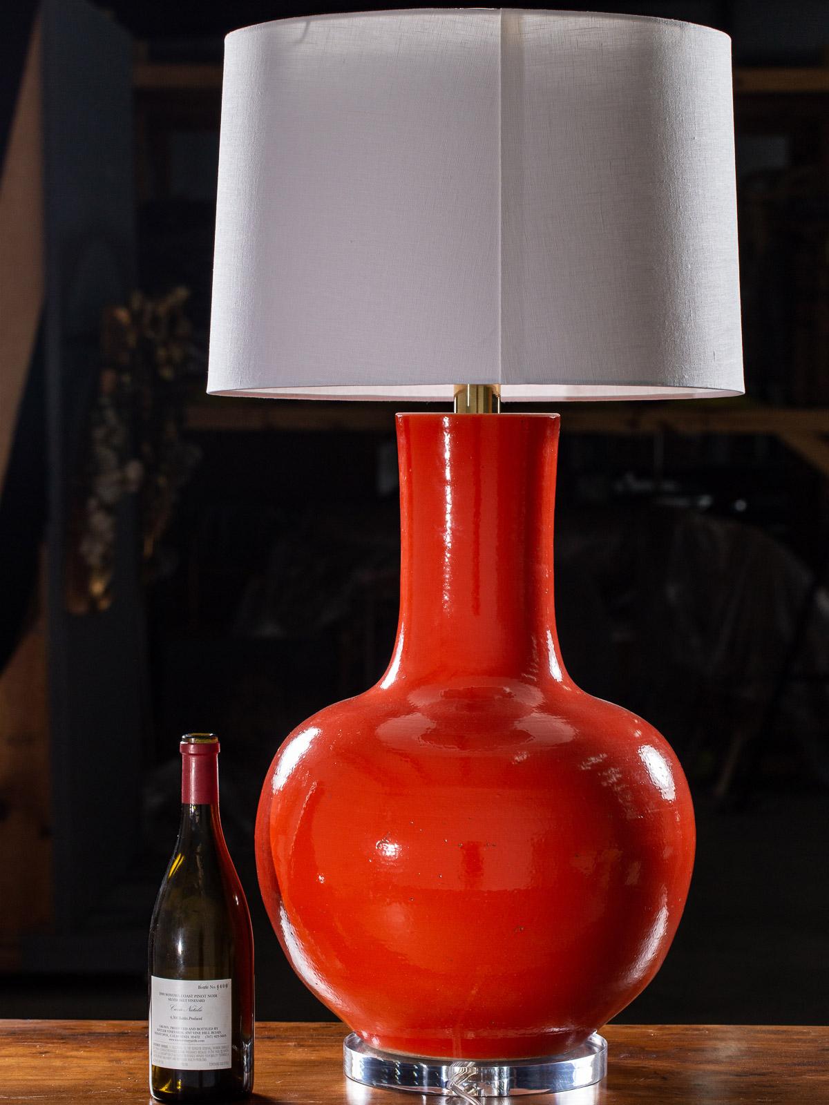Contemporary Enormous Persimmon Handmade Temple Jar Vase Custom Lamp Lucite Base