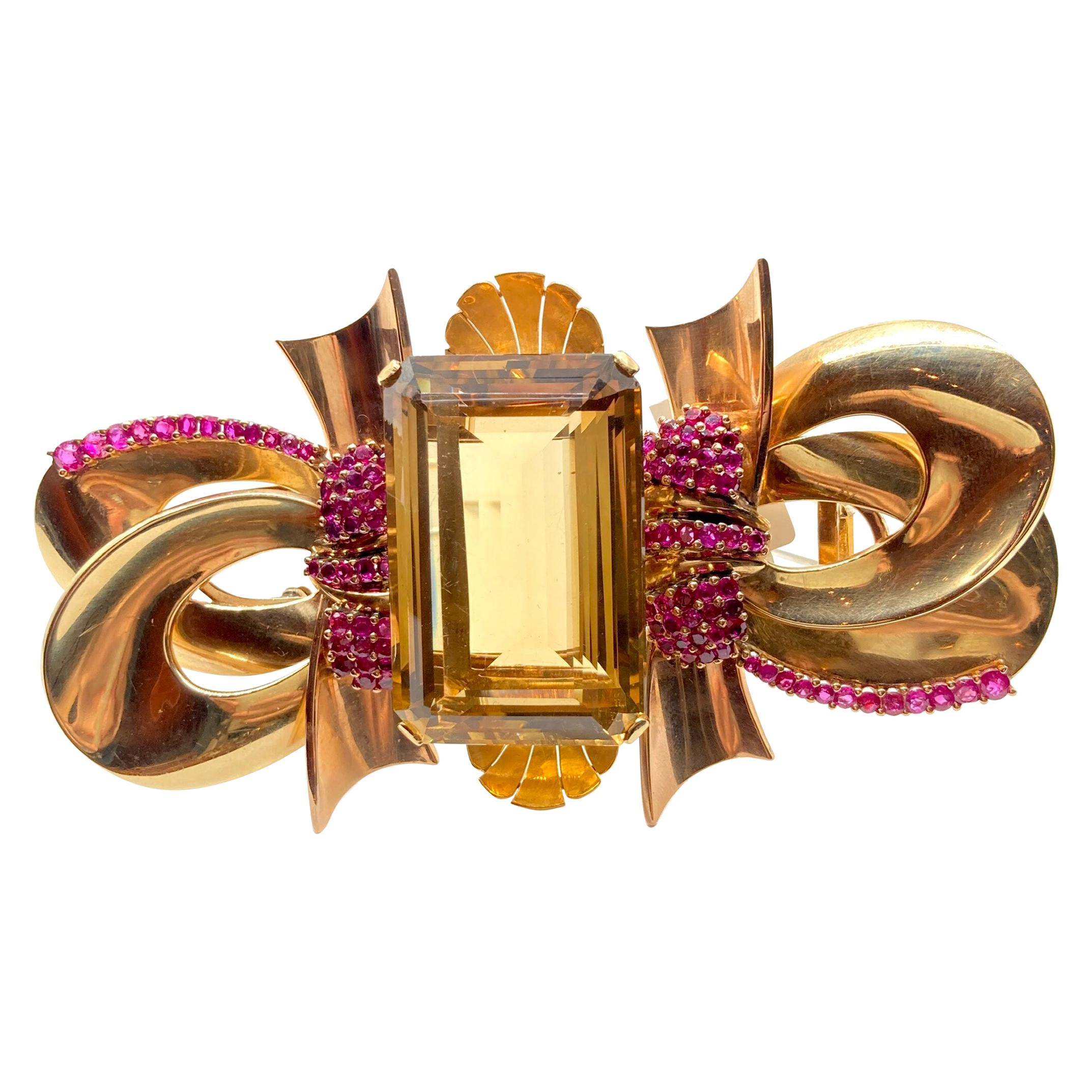 Enormous Retro Citrine and Ruby Gold Clip Brooch