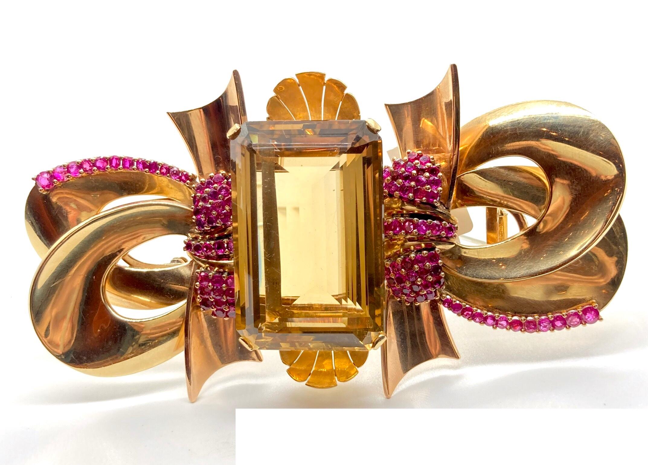 Enorme Retro Citrin- und Rubin-Gold-Clip-Brosche (Gemischter Schliff) im Angebot