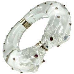 Enormous Rock Crystal, Diamond, Ruby Panther Cuff Bracelet