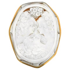 Enormous Shell Cameo of The Three Graces in Italian 14k Gold Brooch Frame