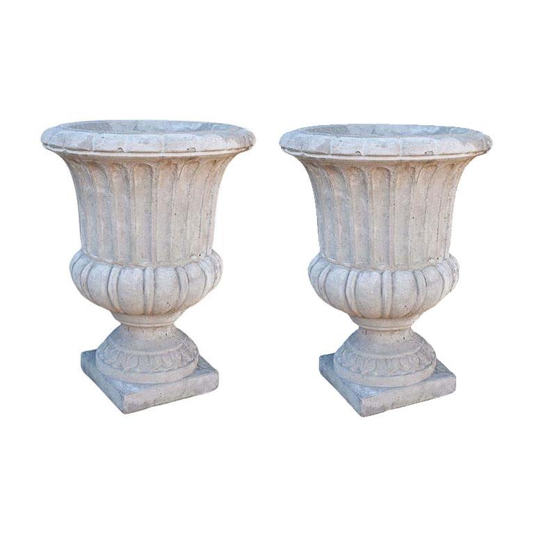 Enormous Tall Rustic French Neoclassical Concrete Garden Planters, a Set of 2 In Good Condition For Sale In Oklahoma City, OK