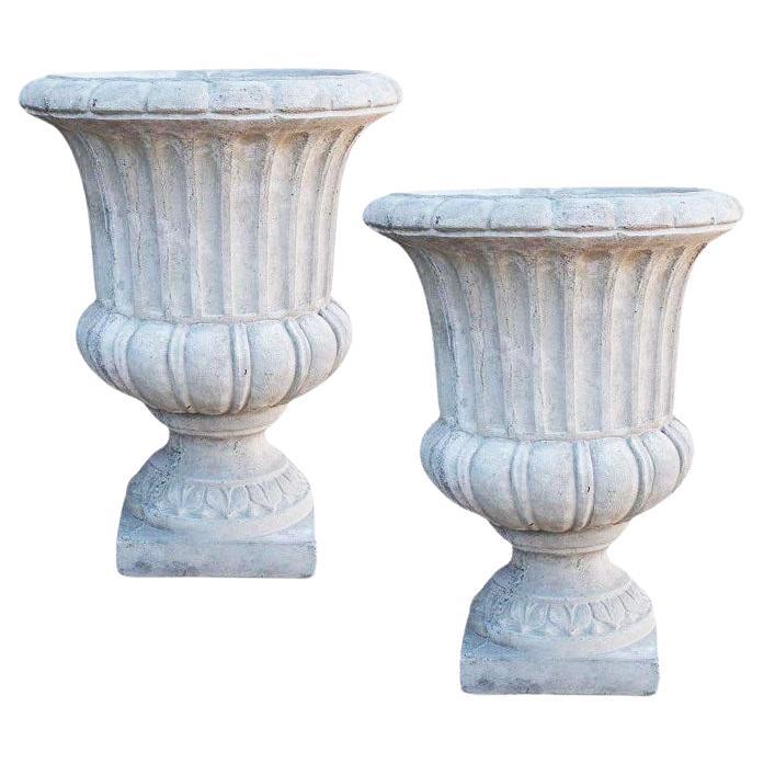 Enormous Tall Rustic French Neoclassical Concrete Garden Planters, a Set of 2 For Sale