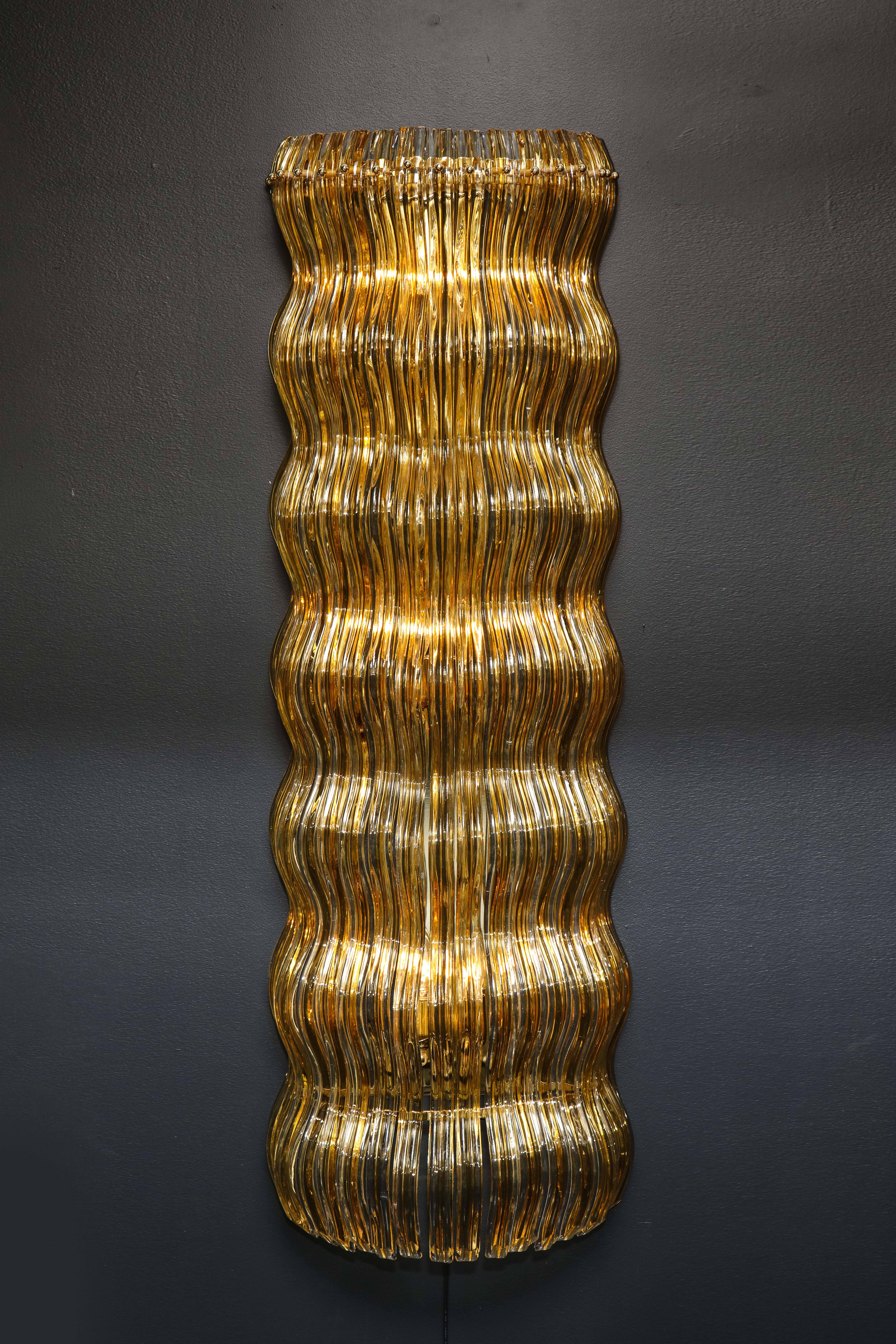 Contemporary Enormous Venini Style Italian Gold and Clear Murano Glass Sconces