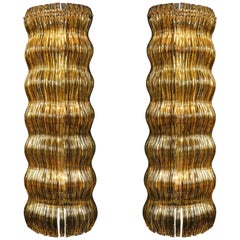 Enormous Venini Style Italian Gold and Clear Murano Glass Sconces