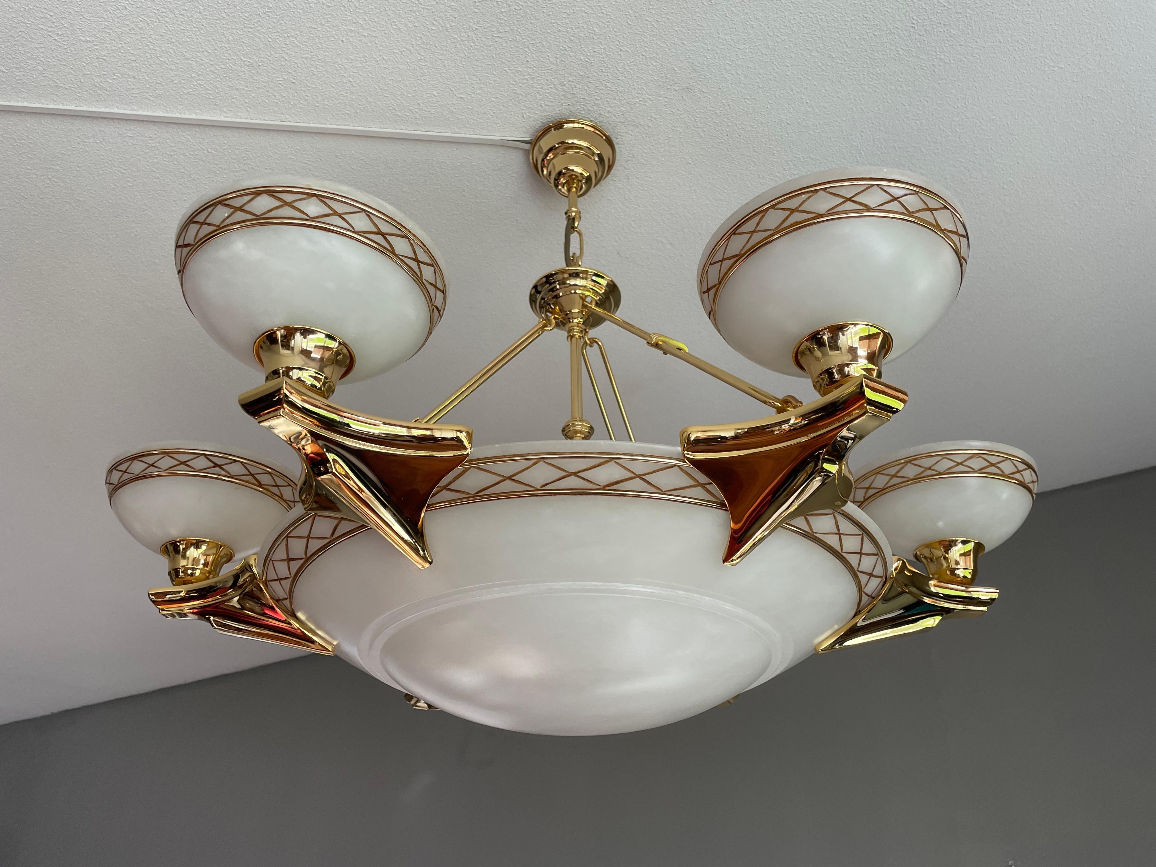 Enormous White Alabaster & Gold Color Coated Bronze & Brass Pendant / Chandelier For Sale 12