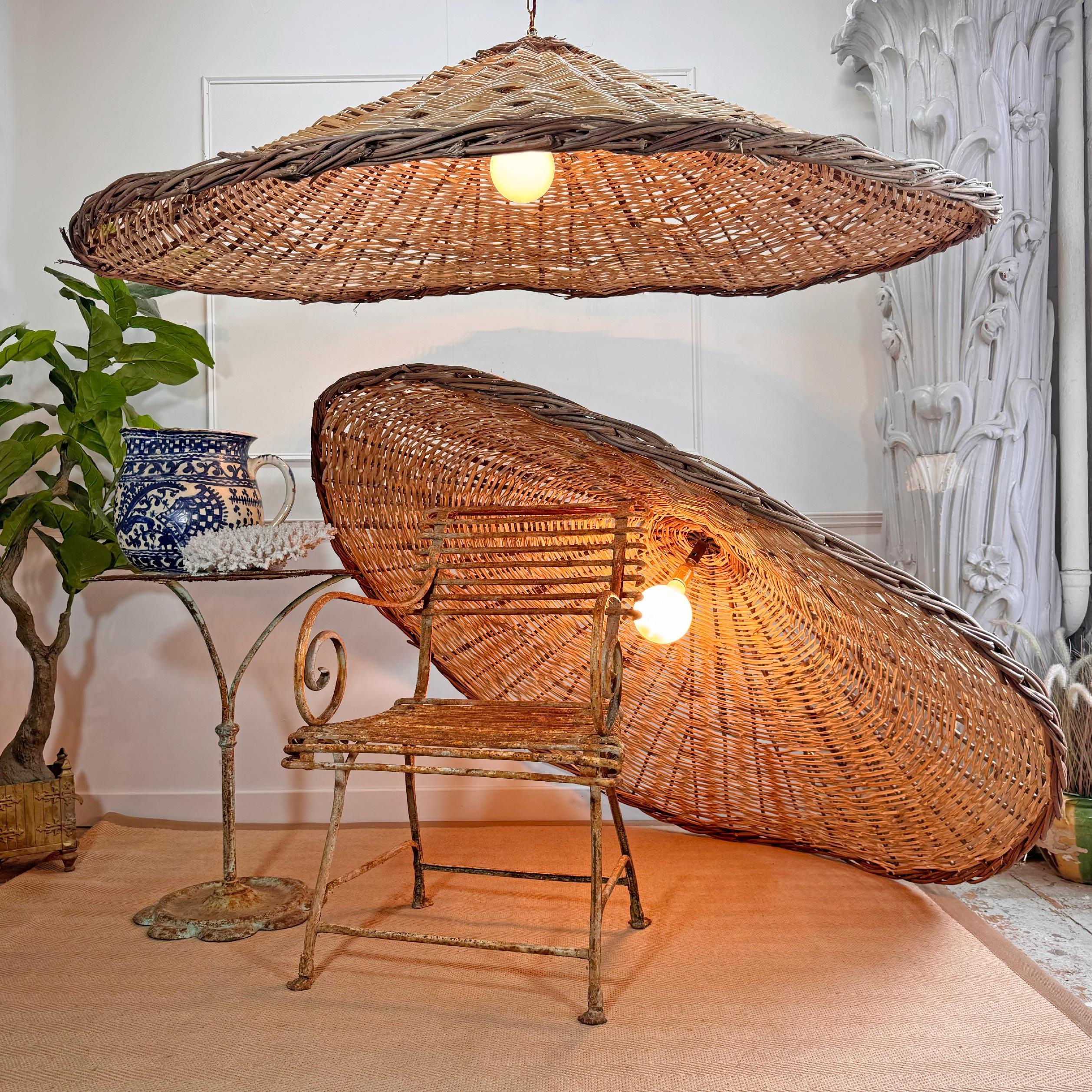 Plafoniere in vimini e salice lavorate a mano di enormi proporzioni (170 cm di larghezza), queste splendide lampade a sospensione sono state ricablate e dotate di grandi portalampada a baionetta edison dorati. Queste opere sono di dimensioni davvero