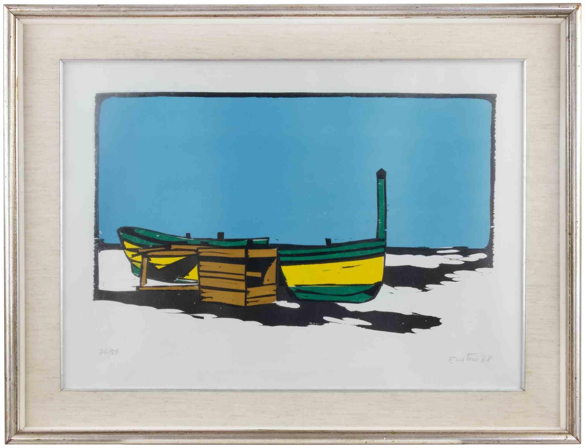 Boats is a contemporary artwork realized by Enotrio Pugliese in 1968.

Mixed colored etching.

Hand signed, dated and numbered on the lower margin.

Edition of 74/80.

Includes frame.

