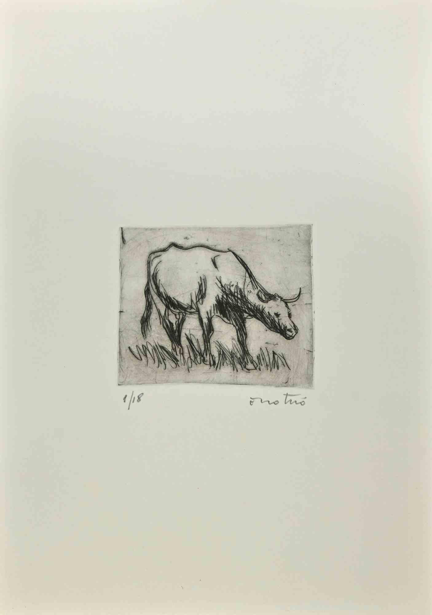 Bull is an Etching realized by Enotrio Pugliese in 1963.

Limited edition of 18 copies numbered and signed by the artist.

Good condition on a white cardboard.

Enotrio Pugliese (May 11, 1920 - August 1989) was an Italian painter. Born in Buenos