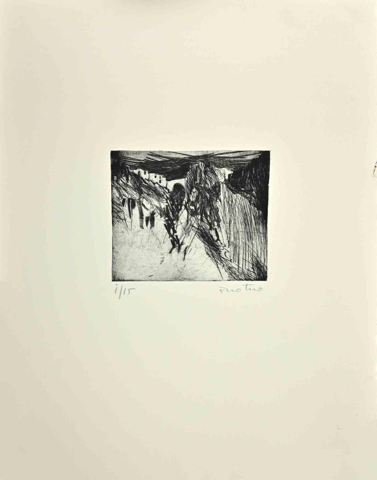 Landscape is an Etching and Aquatint realized by Enotrio Pugliese in 1967.

Hand-signed by the artist on the lower.

Numbered, Limited edition of 15 prints.

Good conditions with original cutting of the paper on the right margin.

Enotrio Pugliese