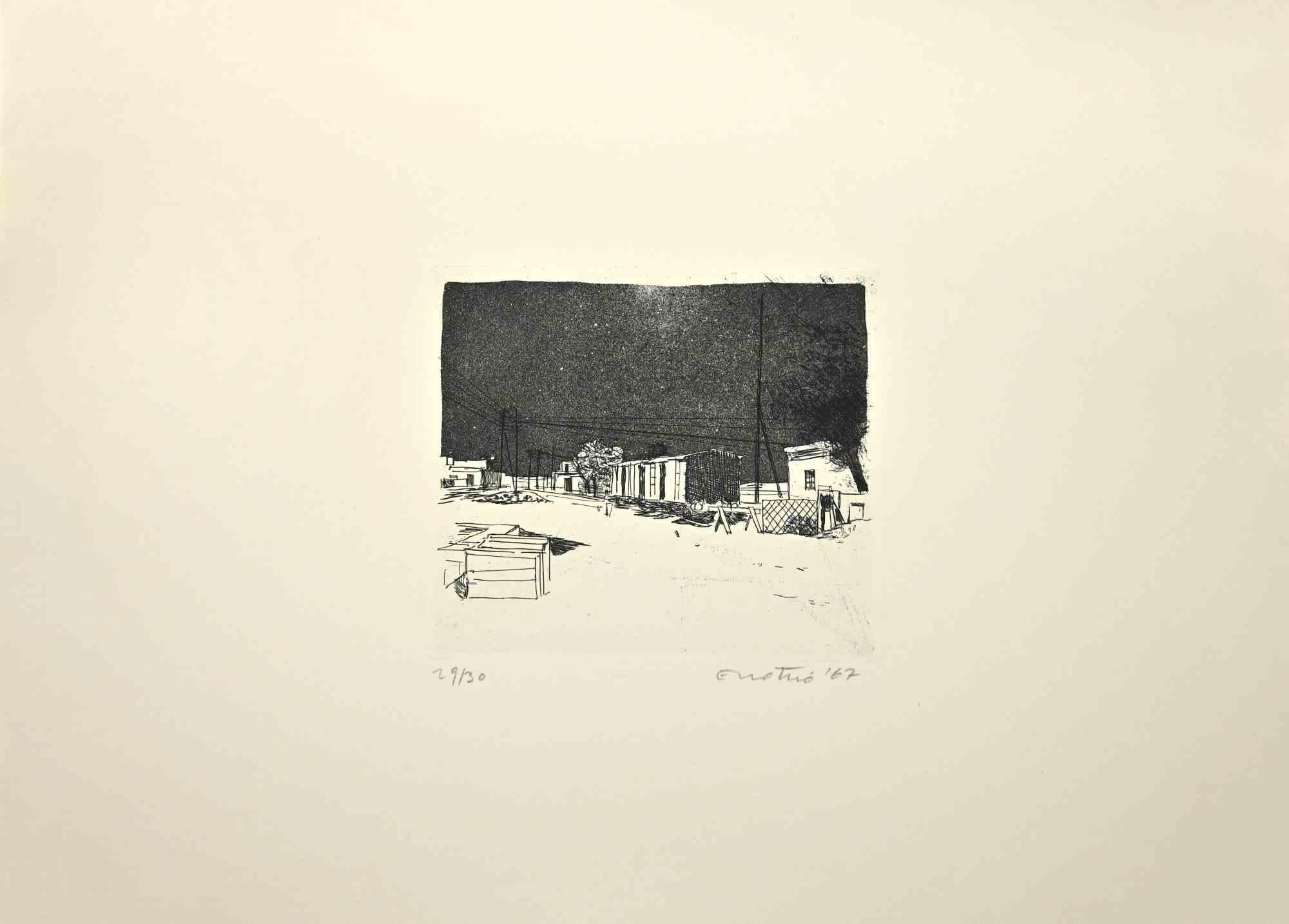 Landscape is an Etching and Aquatint realized by Enotrio Pugliese in 1967.

Hand-signed by the artist on the lower.

Numbered, Limited edition of 30 prints.

Good conditions.

Enotrio Pugliese (May 11, 1920 - August 1989) was an Italian painter.