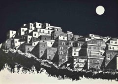 Vintage  Landscape Under The Moon - Screen Print by Enotrio Pugliese - 1960s