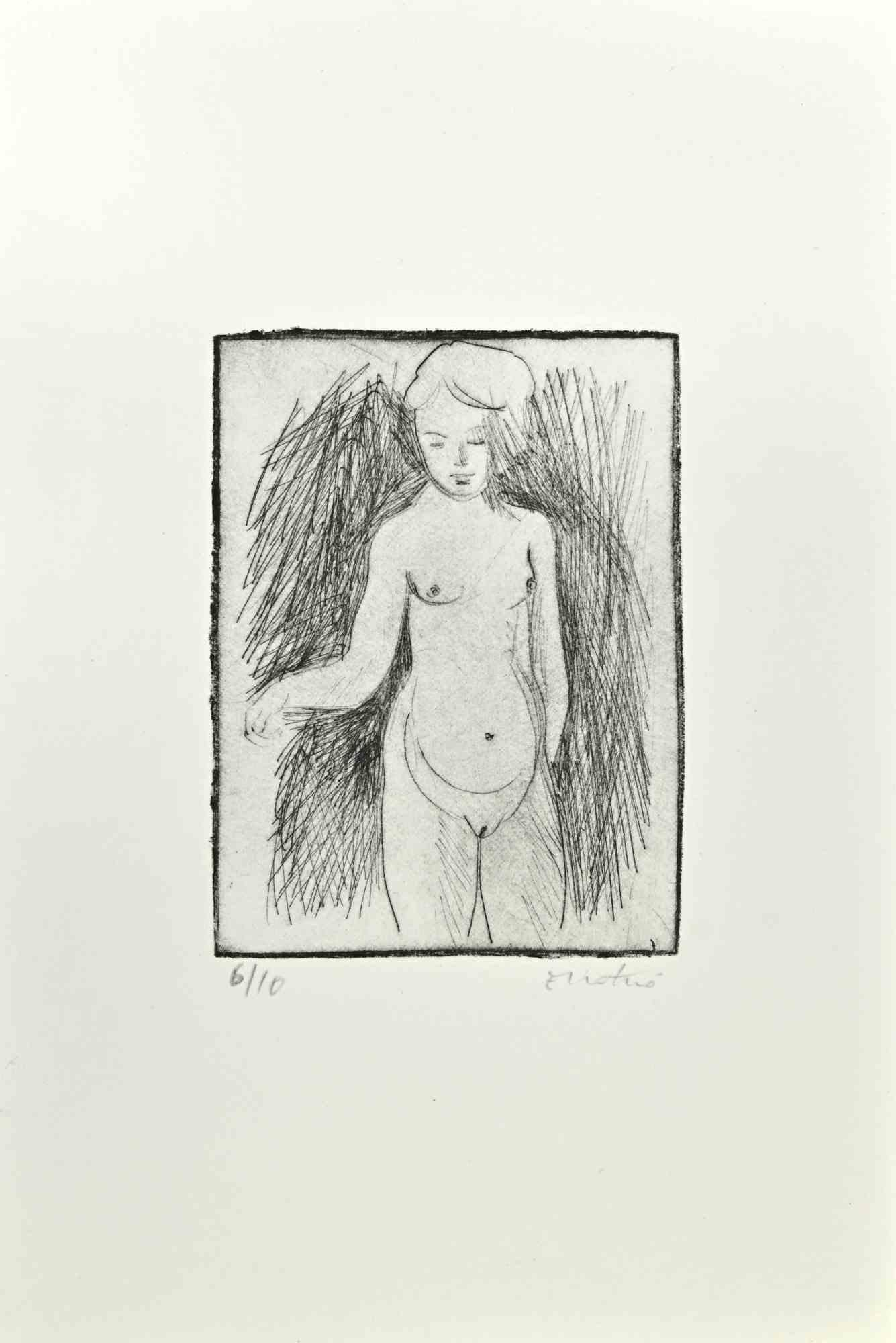 Nude is an Etching realized by Enotrio Pugliese in 1963.

Limited edition of 10 copies numbered and signed by the artist.

Good condition on a white cardboard.

Enotrio Pugliese (May 11, 1920 - August 1989) was an Italian painter. Born in Buenos