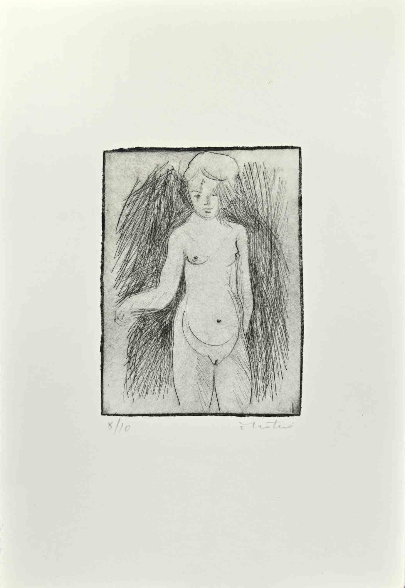 Nude is an Etching realized by Enotrio Pugliese in 1963.

Limited edition of 10 copies numbered and signed by the artist.

Good condition on a white cardboard.

Enotrio Pugliese (May 11, 1920 - August 1989) was an Italian painter. Born in Buenos