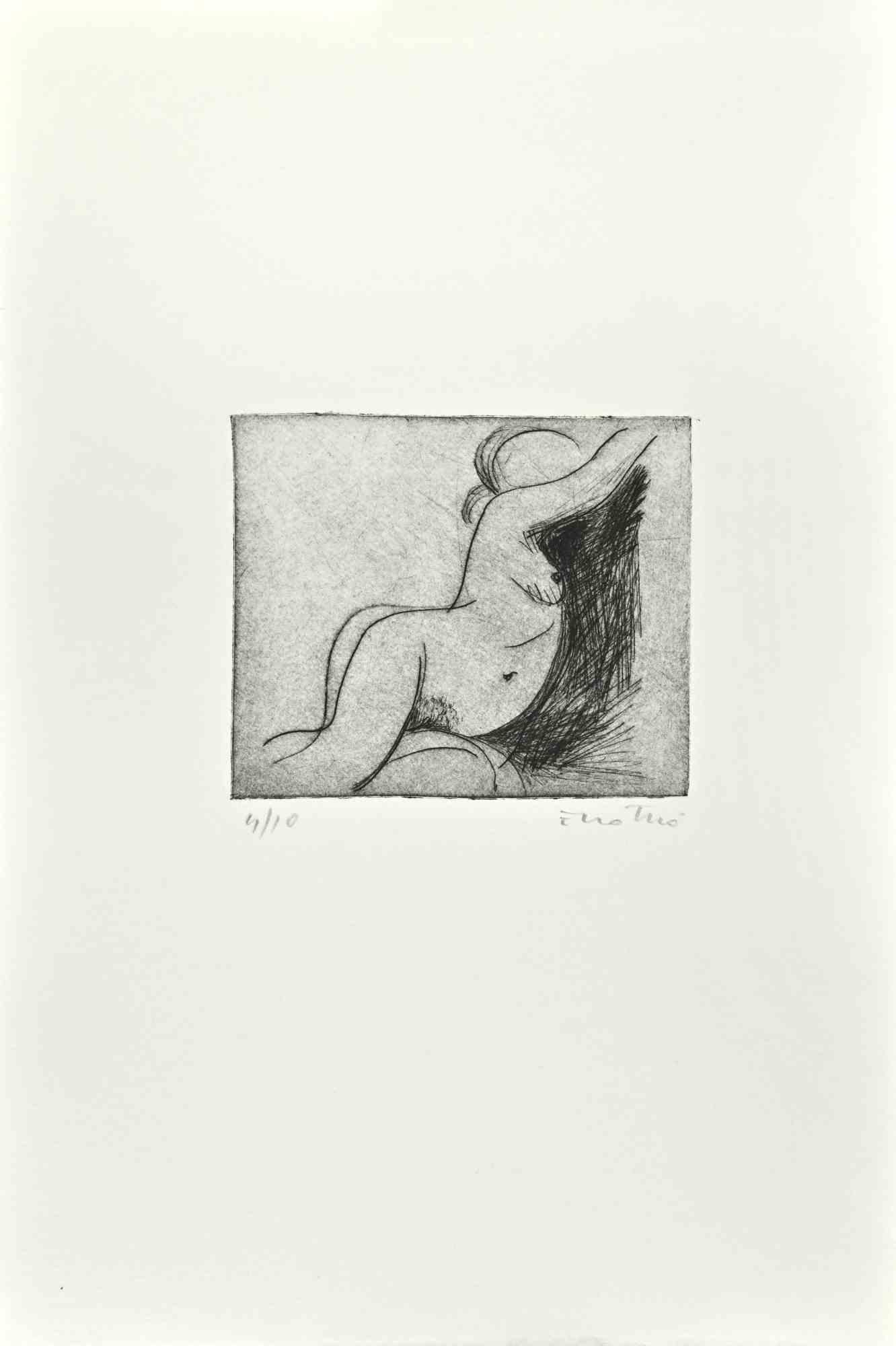 Nude is an Etching realized by Enotrio Pugliese in 1963.

Limited edition of 10 copies numbered and signed by the artist.

Good condition on a white cardboard.

Enotrio Pugliese (May 11, 1920 - August 1989) was an Italian painter. Born in Buenos