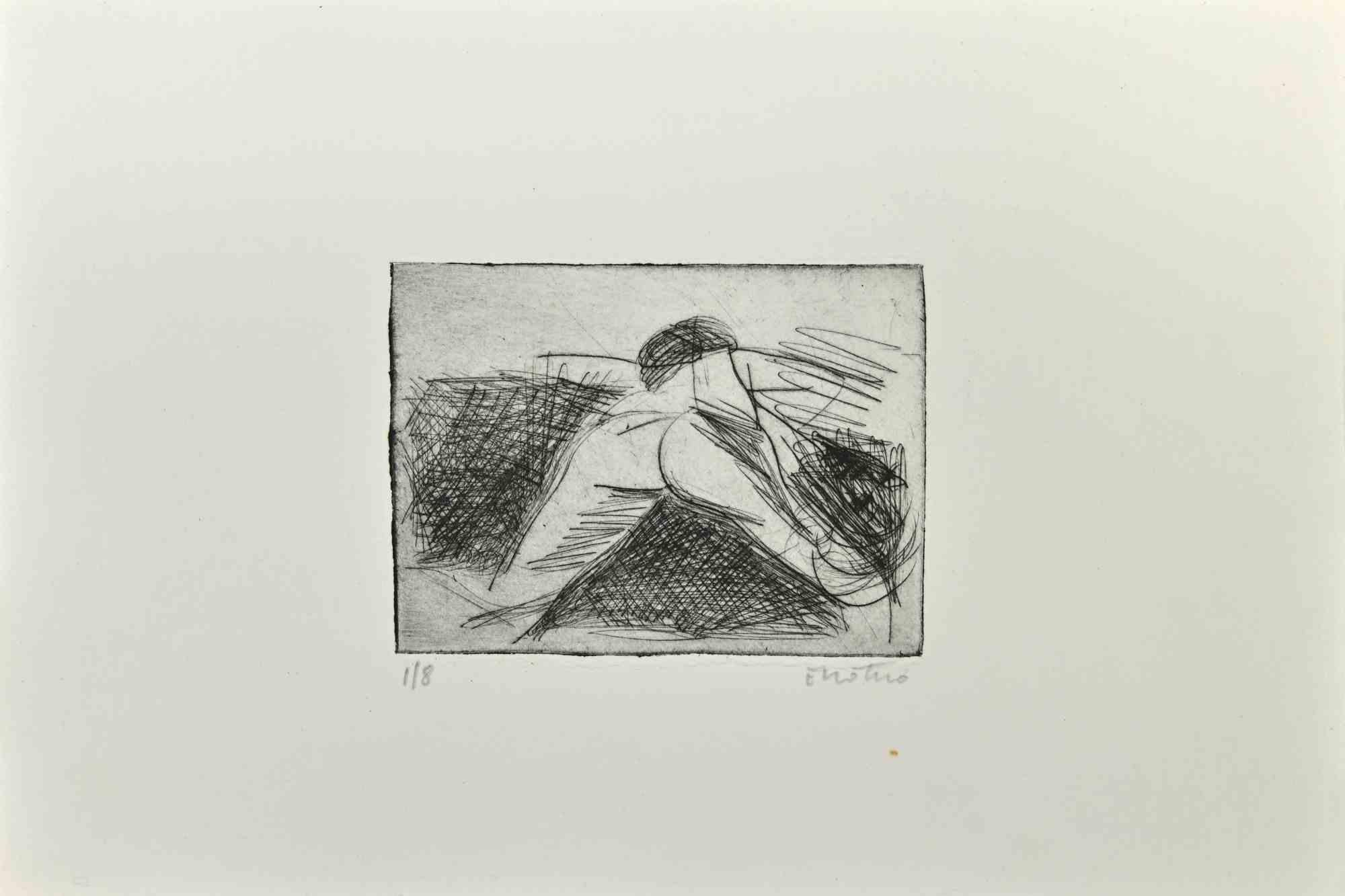 Nude is an Etching realized by Enotrio Pugliese in 1963.

Limited edition of 10 copies numbered and signed by the artist.

Good condition on a white cardboard.

Enotrio Pugliese (May 11, 1920 - August 1989) was an Italian painter. Born in Buenos