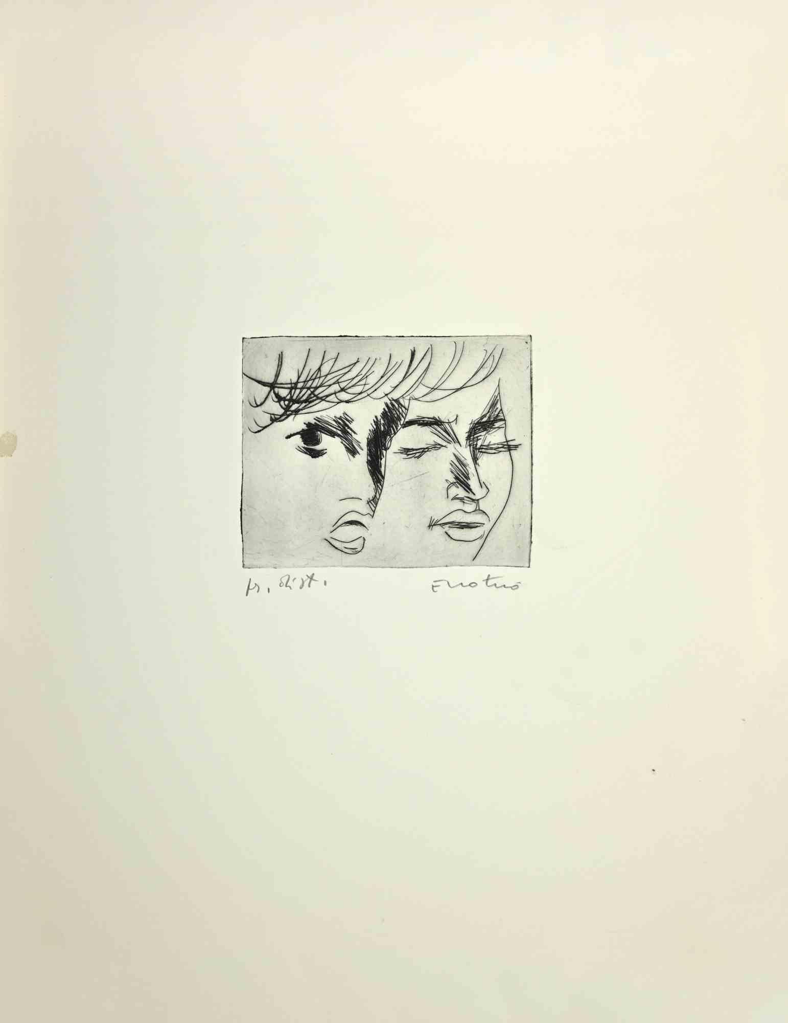 Portrait is an Etching and Aquatint realized by Enotrio Pugliese in 1970s.

Artist's proof.

signed by the artist.

Good conditions.

Enotrio Pugliese (May 11, 1920 - August 1989) was an Italian painter. Born in Buenos Aires to a Calabrian family
