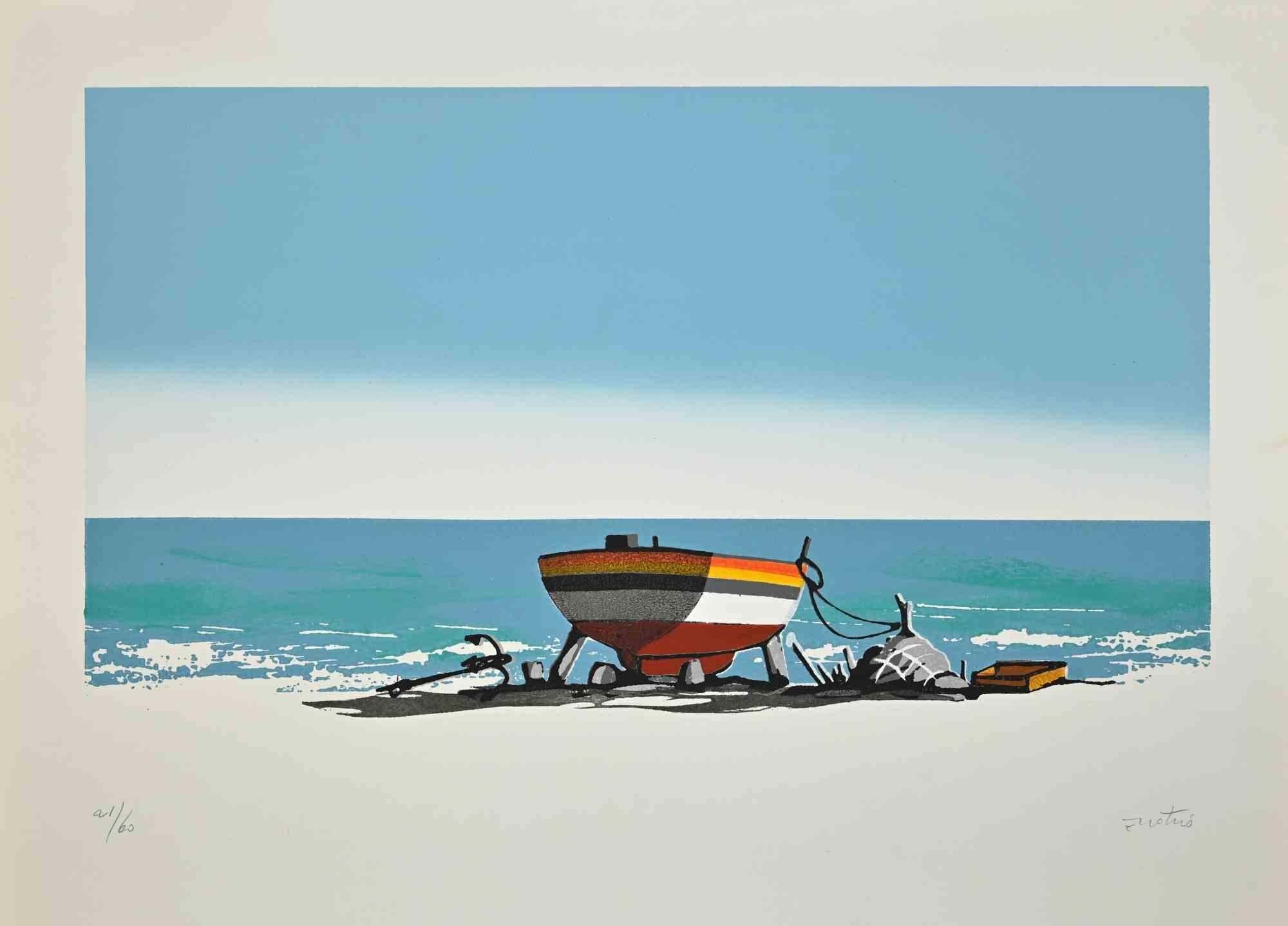 Seascape With A Boat ist ein Siebdruck von Enotrio Pugliese aus den 1960er Jahren.

Handsigniert vom Künstler auf der Unterseite.

Nummerierte, limitierte Auflage von 21/60 Drucken.

Sehr guter Zustand.

Enotrio Pugliese (11. Mai 1920 - August 1989)