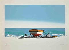 Vintage Seascape With A Boat - Screen Print by Enotrio Pugliese - 1960s